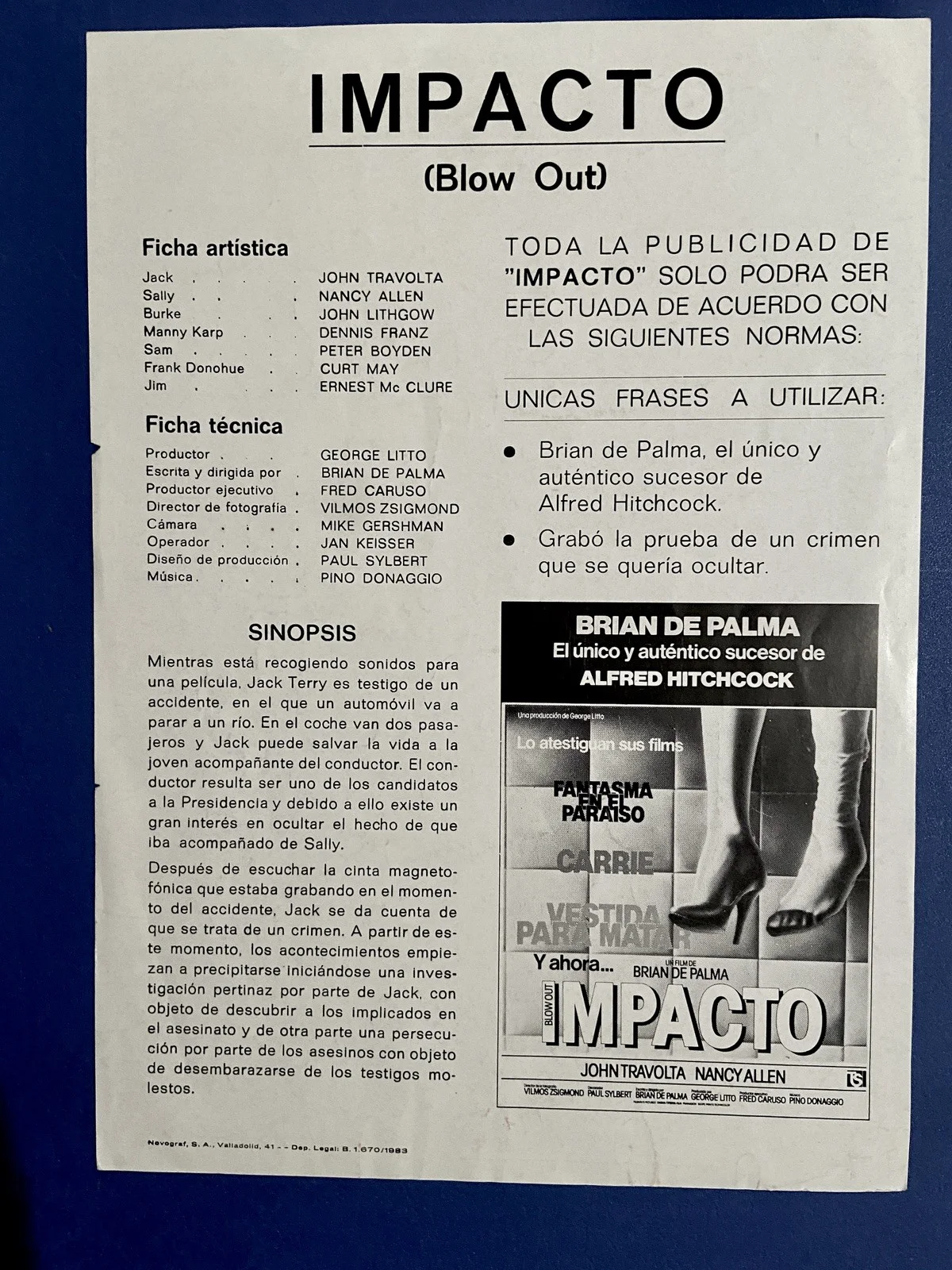Rare original release Dressed to Kill & Blow Out movie press sheets. Spanish, изображение 4