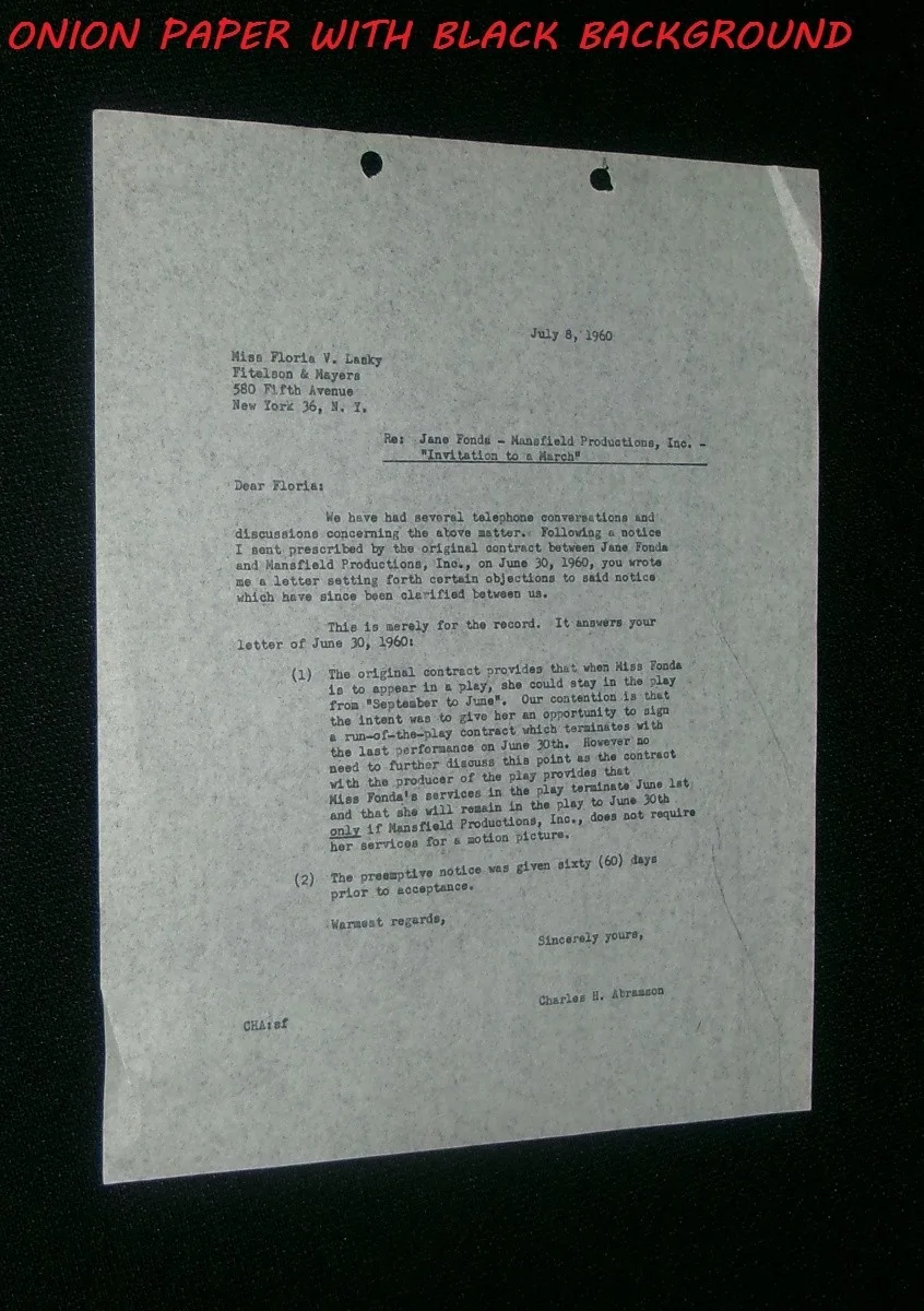 JANE FONDA INVITATION TO A MARCH Contract Dispute Letter From CHARLES ABRAMSON, изображение 2