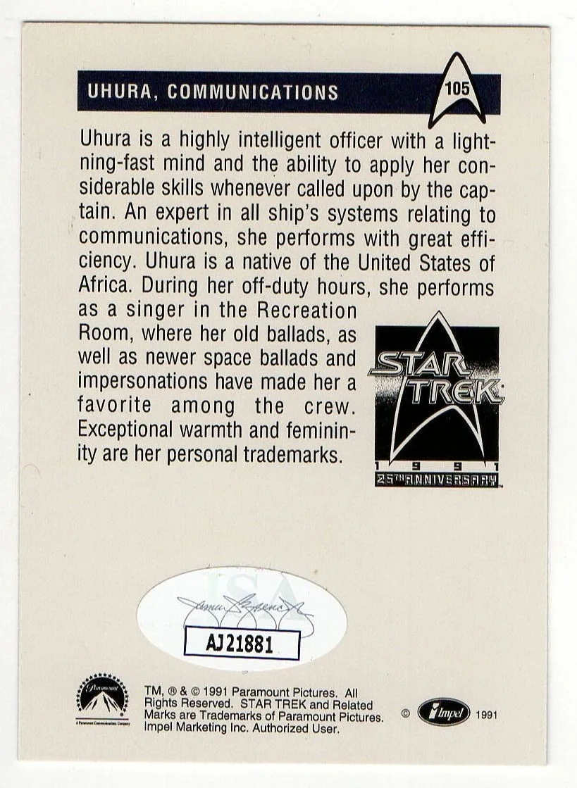 Nichelle Nichols — Nichelle Nichols Signed Autograph Trading Card Star Trek Uhura 1991 JSA AJ21881, изображение 2