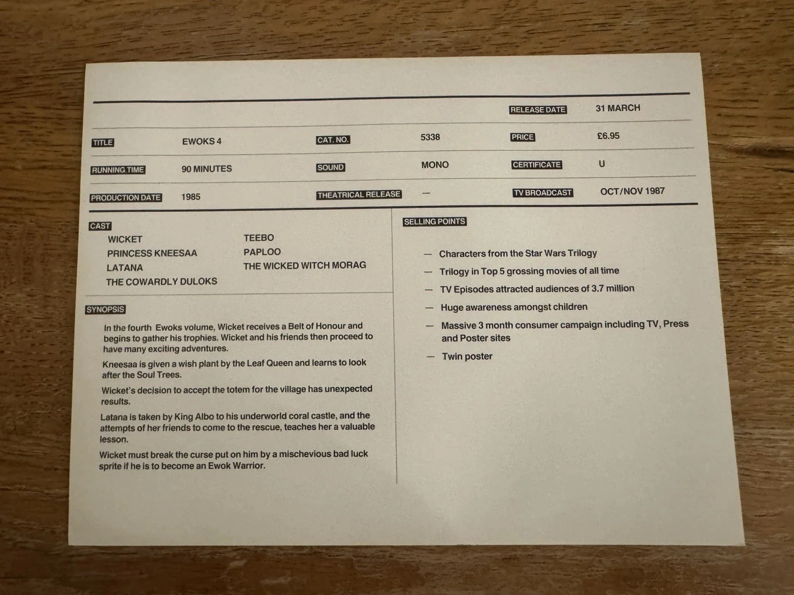 Ewoks 4 wicket 1988 very rare video shop promo sample sleeve, изображение 2