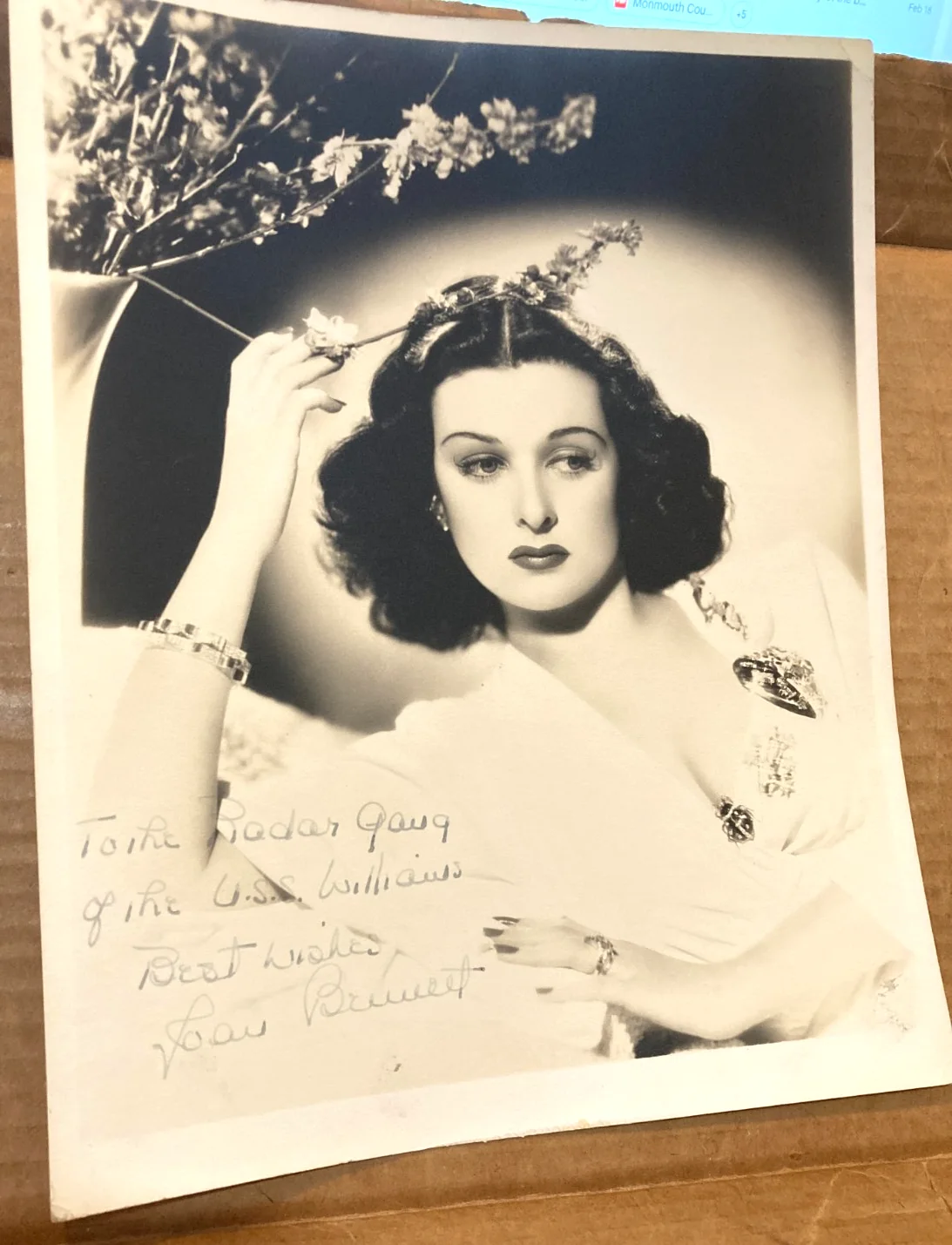 JOAN BENNETT — JOAN BENNETT SIGNED TO THE RADER GANG, OF U.S.S.WILLIAMS AUTO 8X10 B&W PHOTO