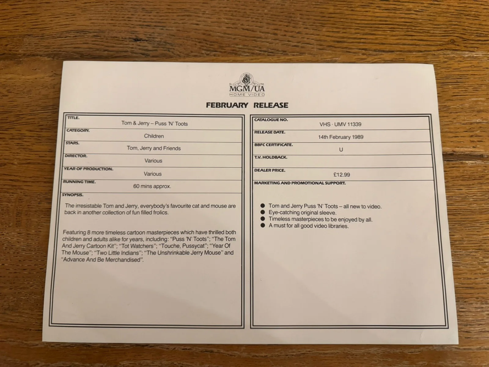 Tom and Jerry 1989 very rare video shop promo sample sleeve, image 2