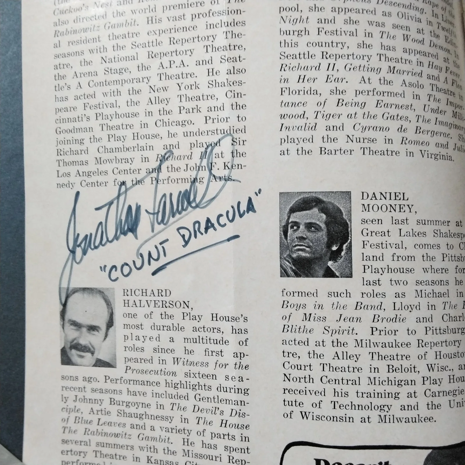 Jonathan Farwell SIGNED 70s Playbill TV Stage Film Actor Count Dracula Star Trek, изображение 2