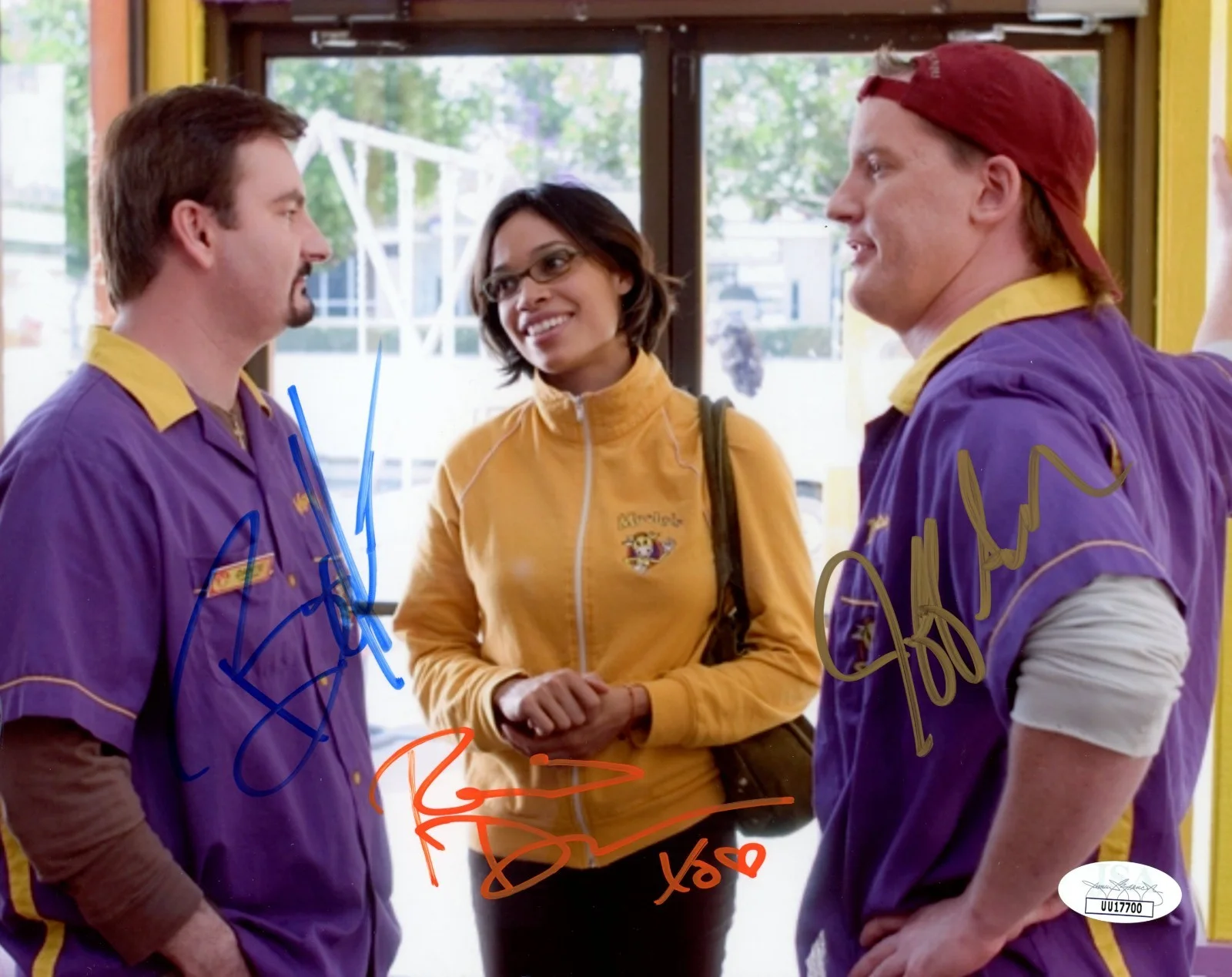 Brian O'Halloran, ROSARIO DAWSON, JEFF ANDERSON — Clerks II 8x10 Cast Signed Photo Anderson, Dawson, O'Halloran JSA Autograph