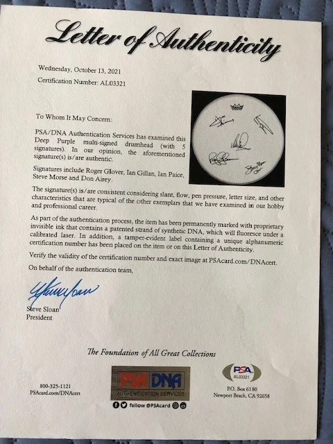 DEEP PURPLE (5 SIGS) SIGNED DRUMHEAD W/RICHIE BLACKMORE ADDED COA PSA/DNA & JSA, изображение 3