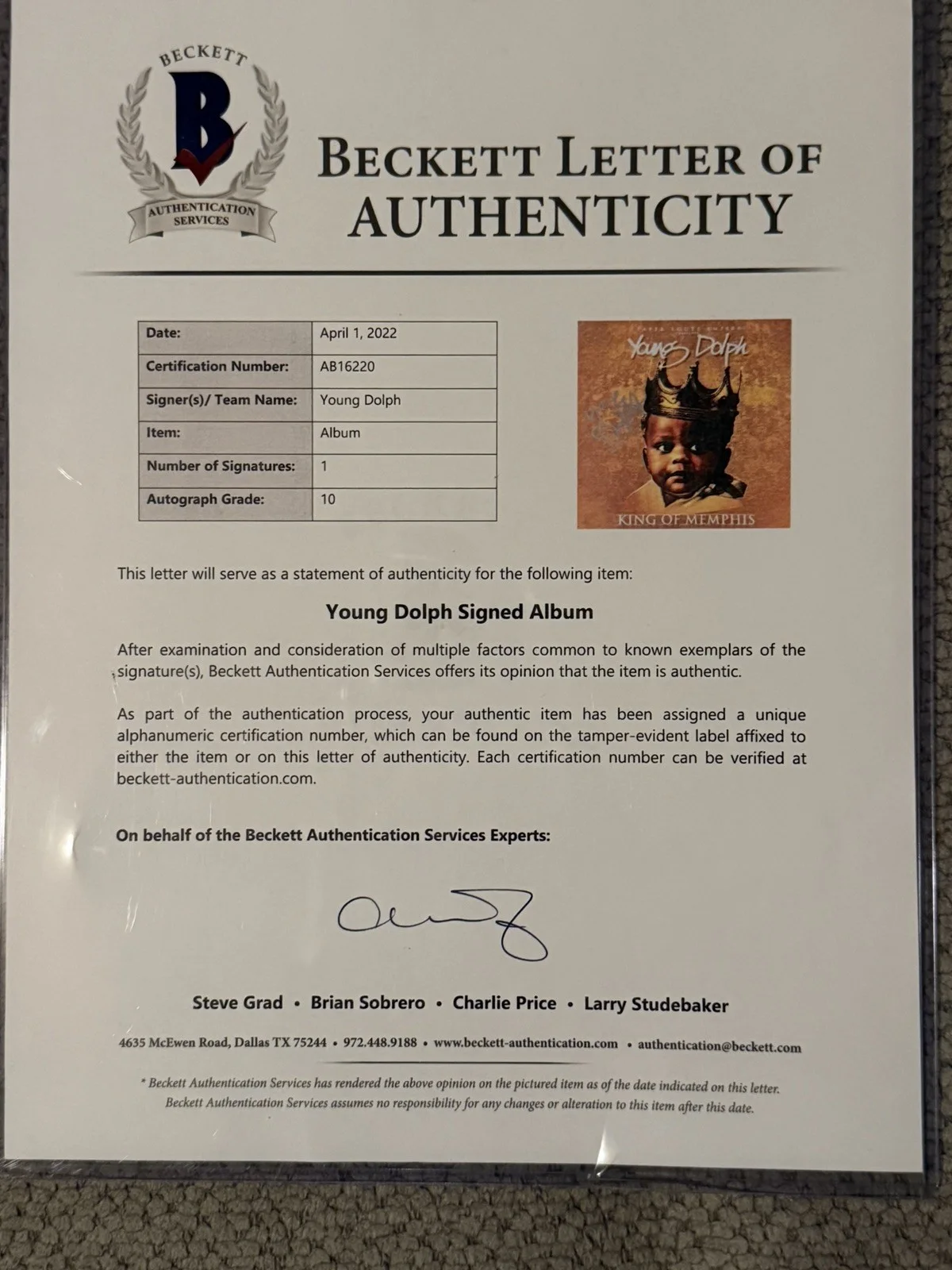 YOUNG DOLPH SIGNED AUTOGRAPH KING OF MEMPHIS Vinyl RSD BECKETT COA 10 AUTO GRADE, image 4