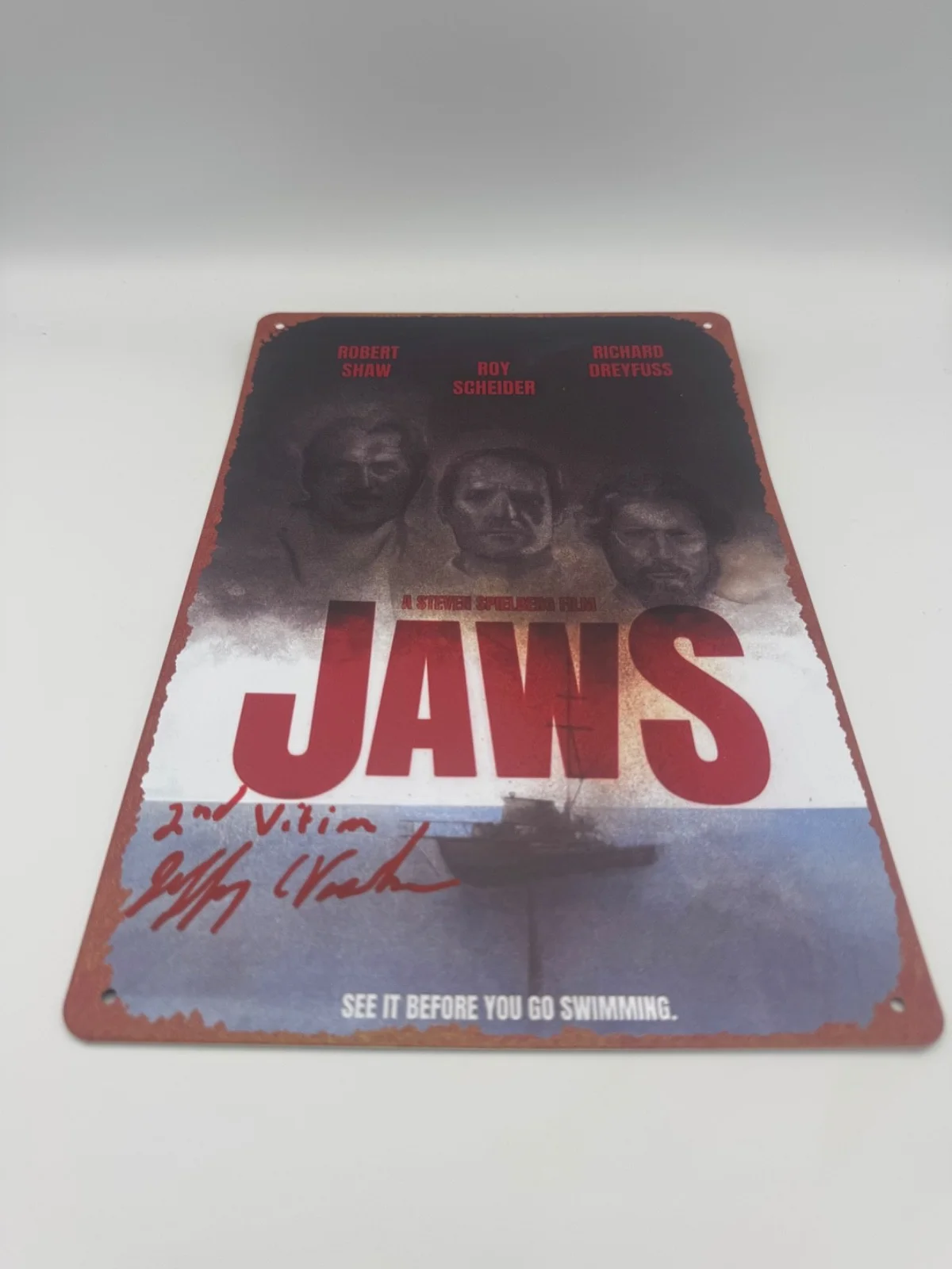 Jeffrey Voorhees — Jeffrey Voorhees Signed JAWS Tin Sign Alex Kintner Coa/Hol/Pic/ 2nd victim insc, image 2