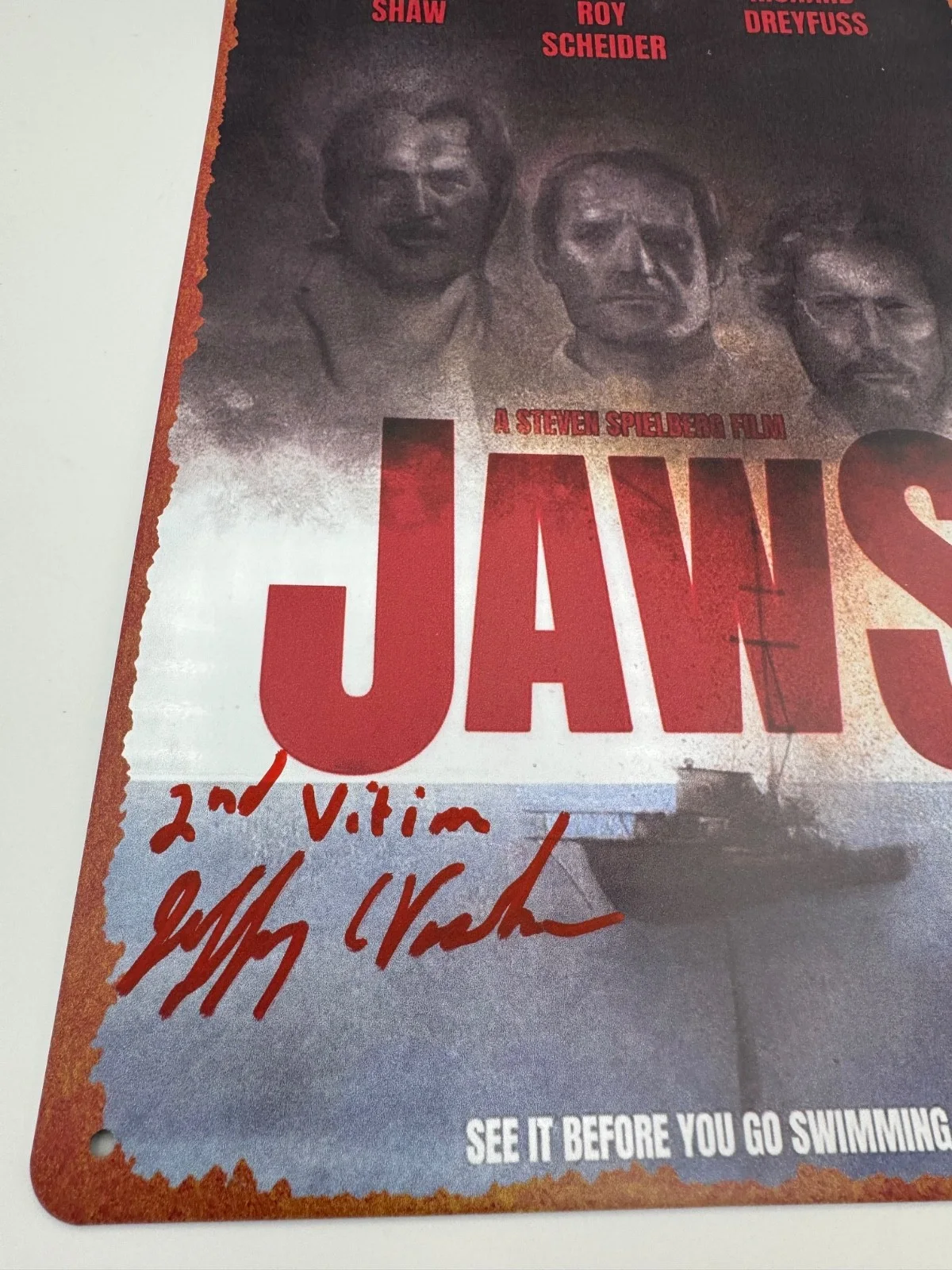 Jeffrey Voorhees — Jeffrey Voorhees Signed JAWS Tin Sign Alex Kintner Coa/Hol/Pic/ 2nd victim insc, image 3
