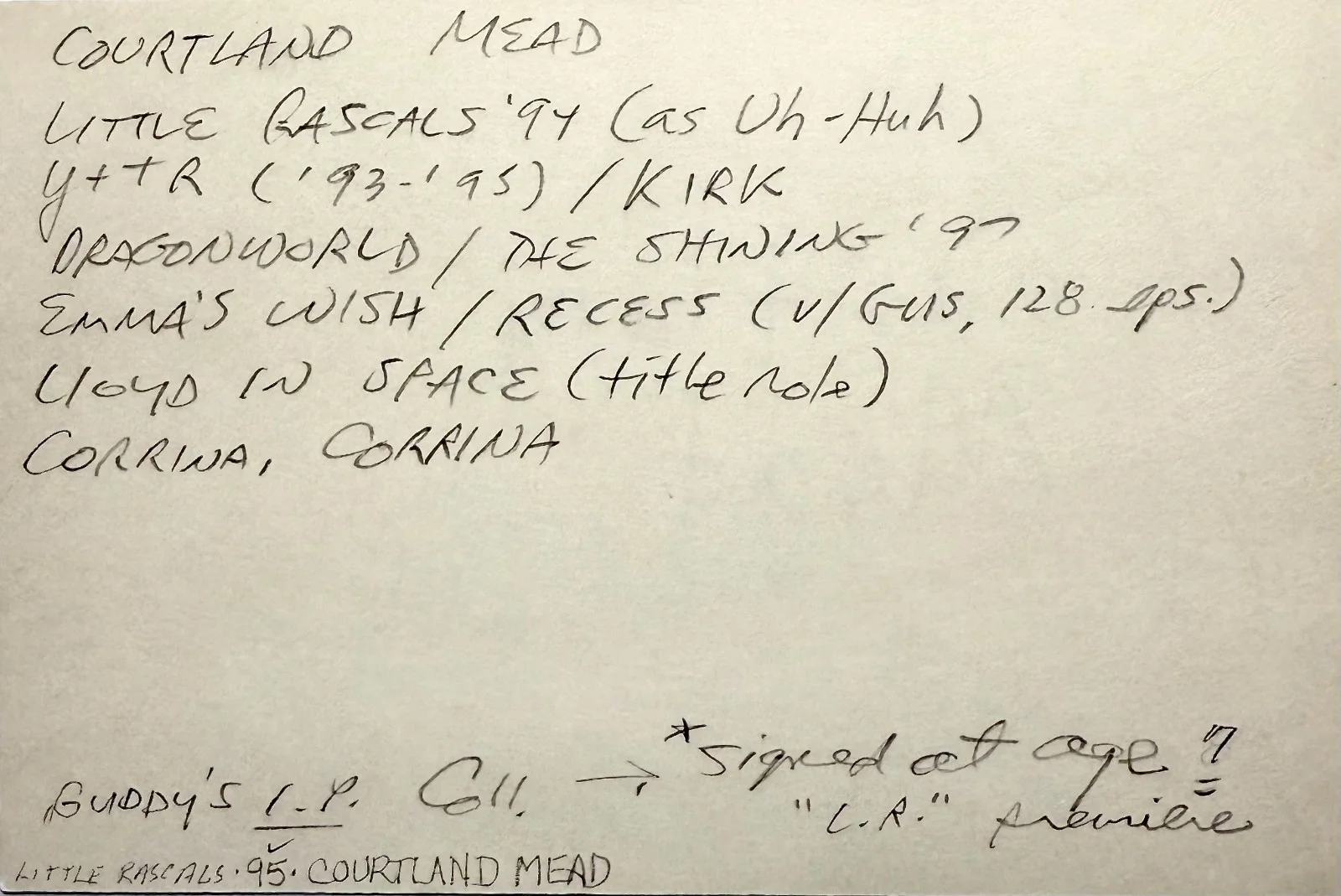 Courtland Mead — COURTLAND MEAD Signed Autographed 4x6 INDEX CARD KIRK Dragon Tales THE SHINING, изображение 4