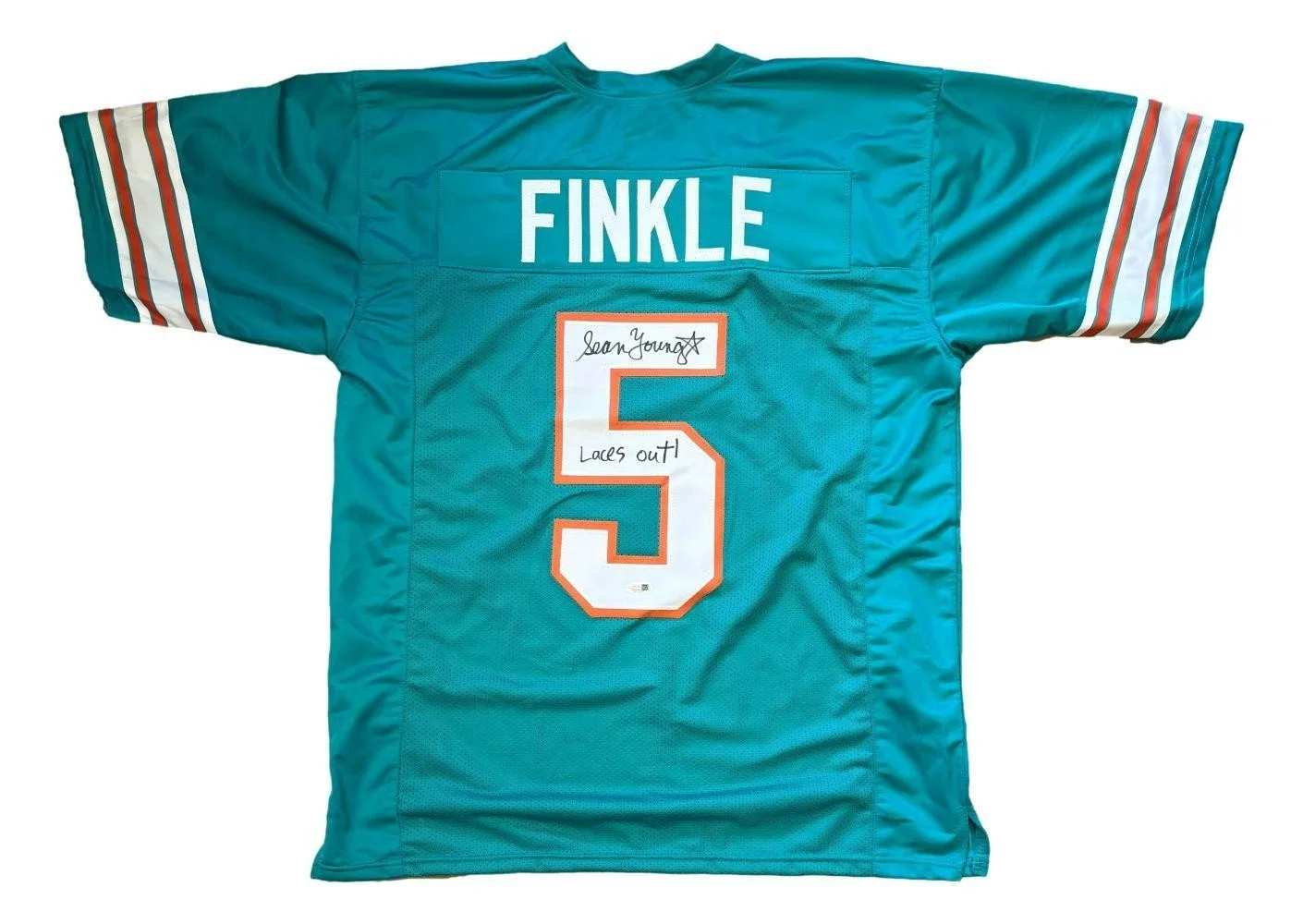 Sean Young / Lt. Lois Einhorn / Ray Finkle — Sean Young Signed Jersey Inscribed "Laces Out!" (JSA) Ace Ventura / Dolphins