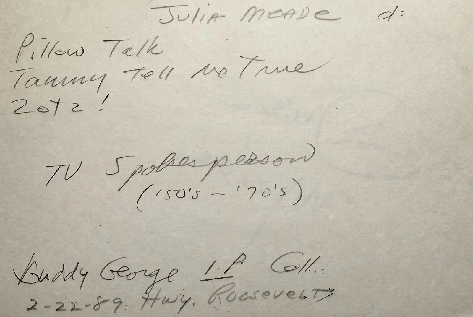 Julia Meade — JULIA MEADE Signed Autographed 4x6 INDEX CARD My First Love Zotz! PILLOW TALK, image 2