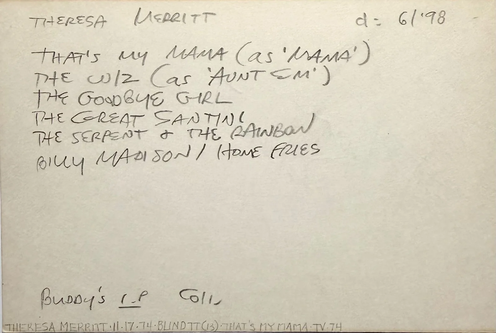 Theresa Merritt — THERESA MERRITT Signed Autographed 4" x 6" INDEX CARD That's My Mama THE WIZ, изображение 2