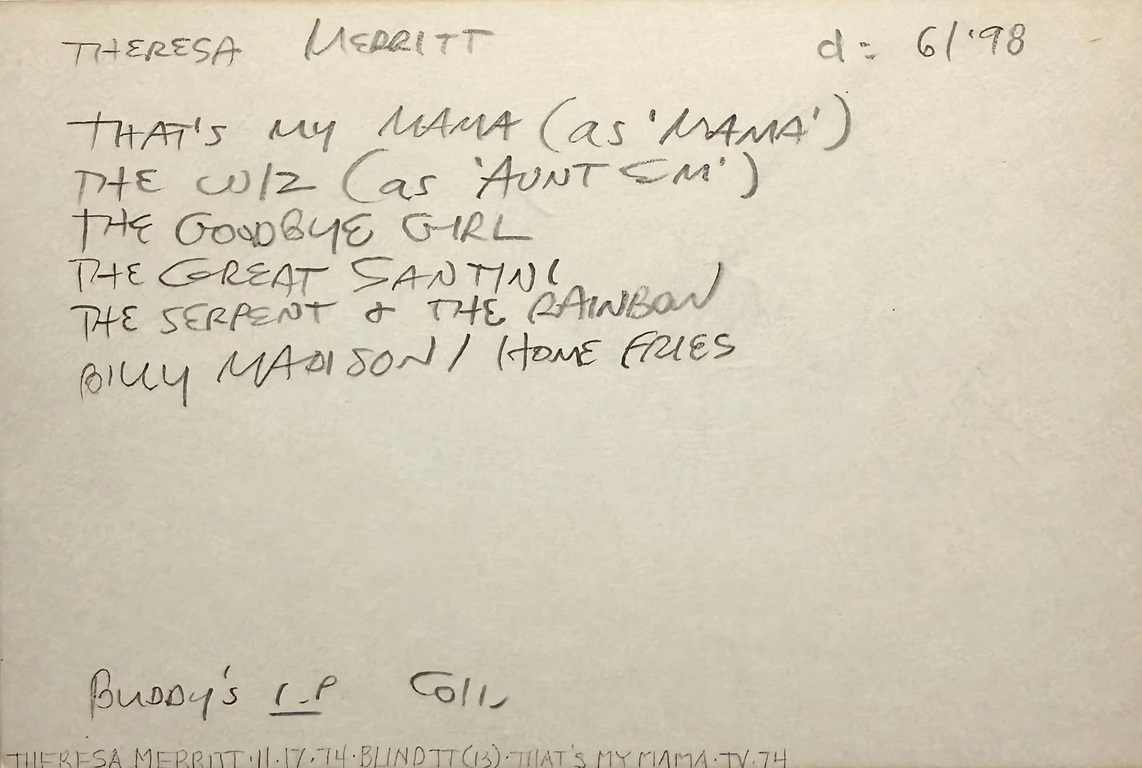 Theresa Merritt — THERESA MERRITT Signed Autographed 4" x 6" INDEX CARD That's My Mama THE WIZ, изображение 4
