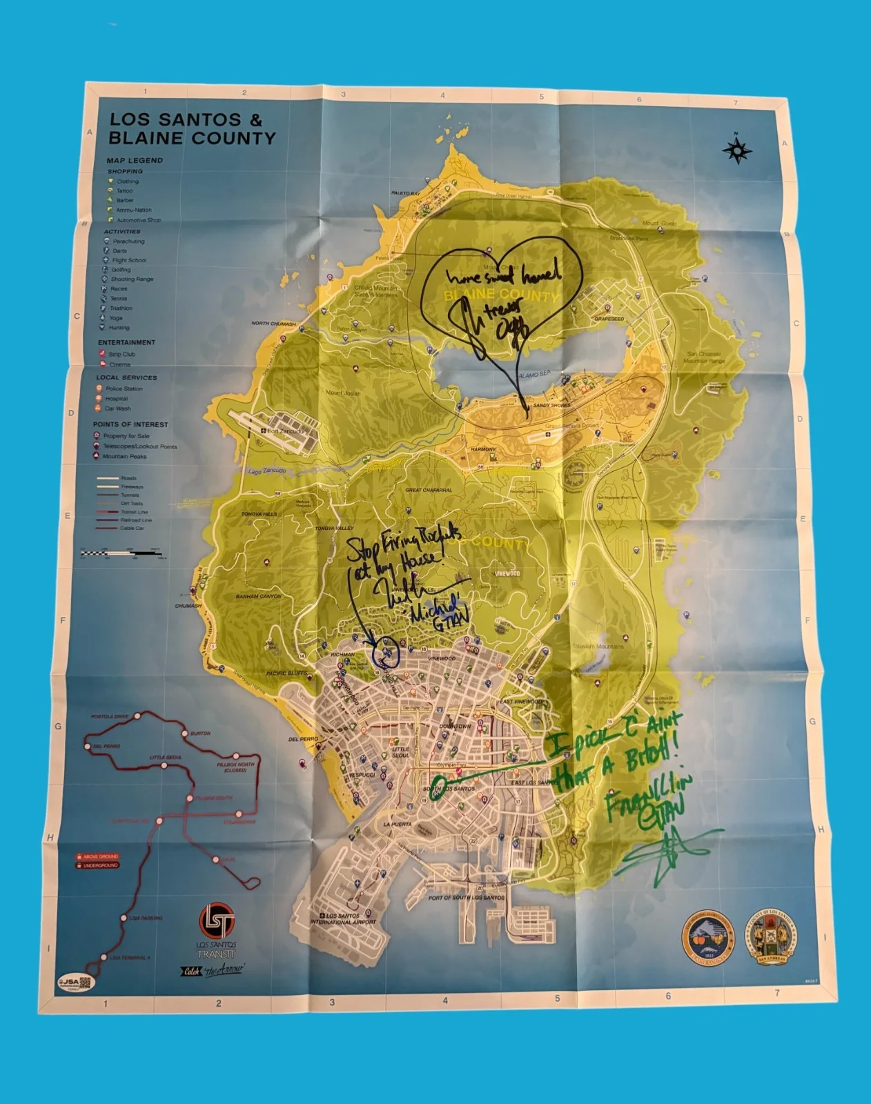 Steven Ogg, Ned Luke and Shawn Fonteno — Steven Ogg +2 Cast Signed 18.25x28.75 GTA V Los Santos Insert Poster JSA COA