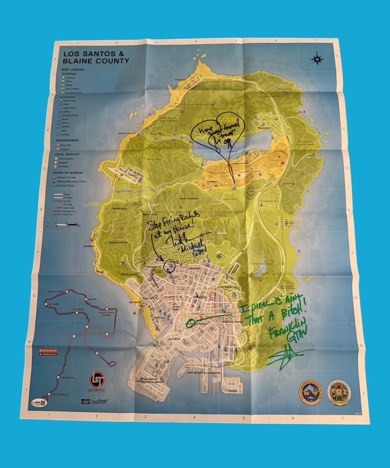 Steven Ogg, Ned Luke and Shawn Fonteno — Steven Ogg +2 Cast Signed 18.25x28.75 GTA V Los Santos Insert Poster JSA COA