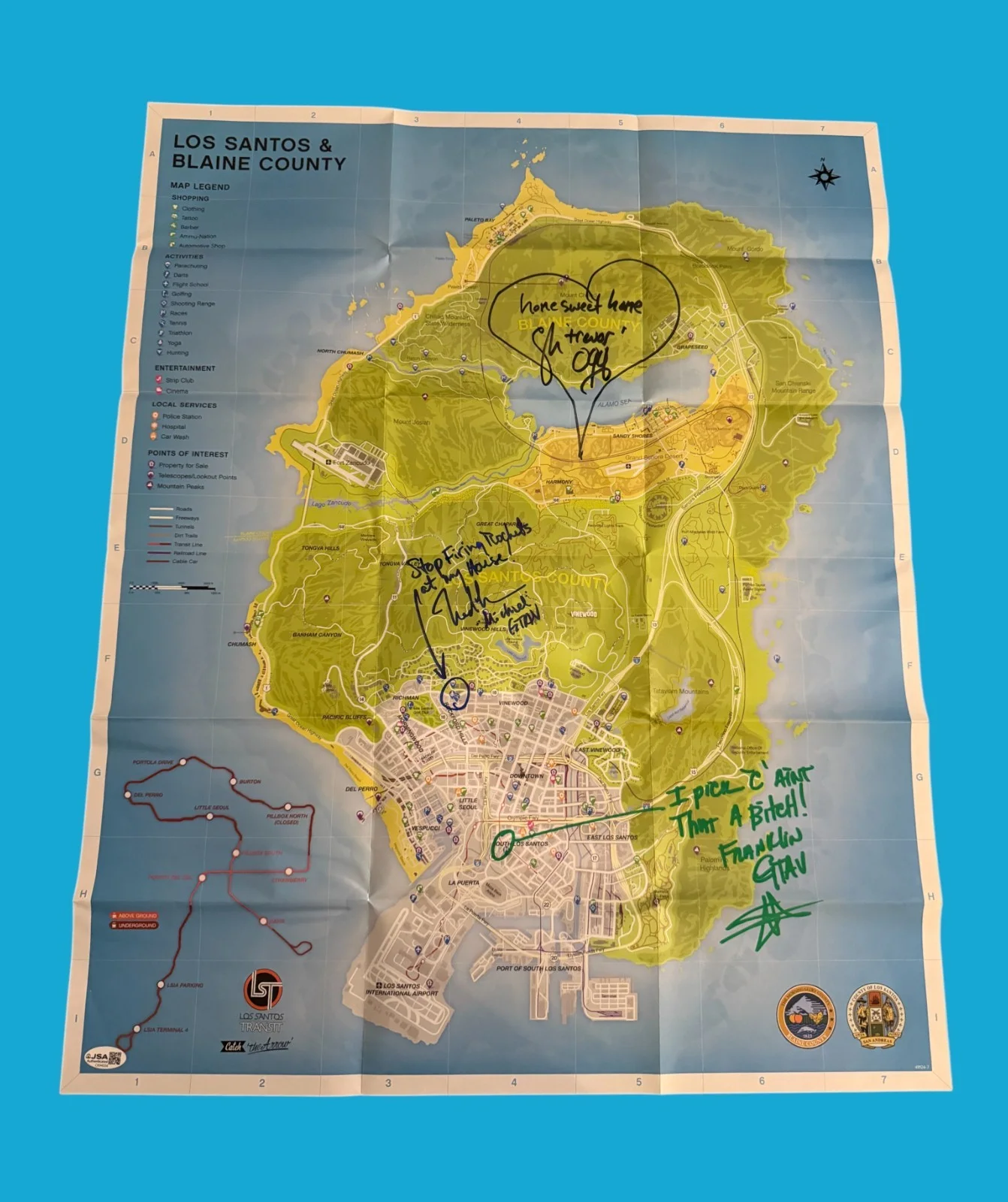 Steven Ogg, Ned Luke and Shawn Fonteno — Steven Ogg +2 Cast Signed 18.25x28.75 GTA V Los Santos Insert Poster JSA COA