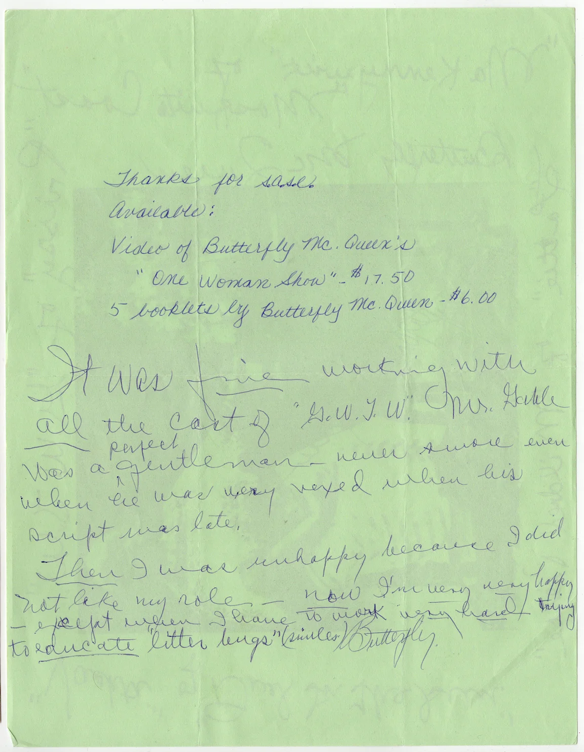 Butterfly McQueen Actress Autographed Signed Handwritten Letter AMCo COA 1115, изображение 2