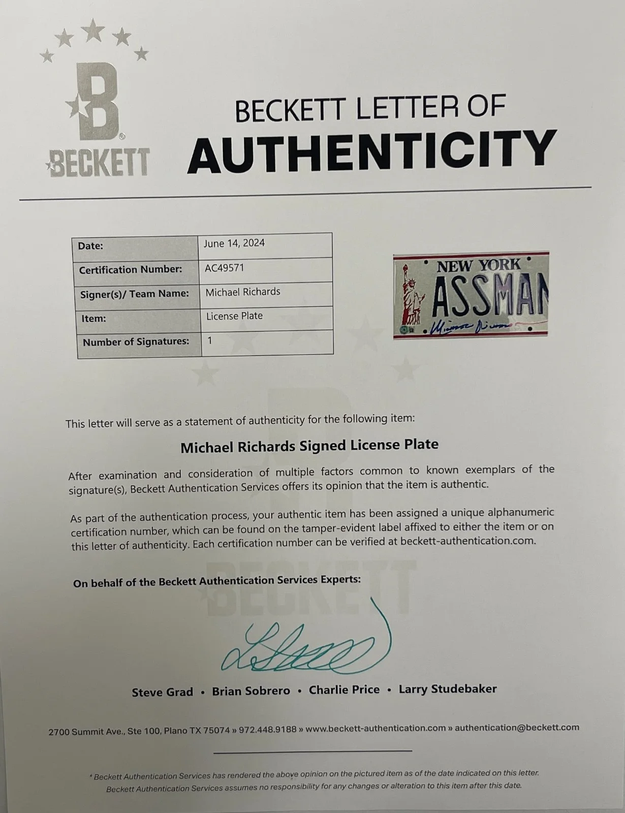Michael Richards — Michael Richards Signed ASSMAN License Plate Seinfeld Autograph Beckett LOA, изображение 5