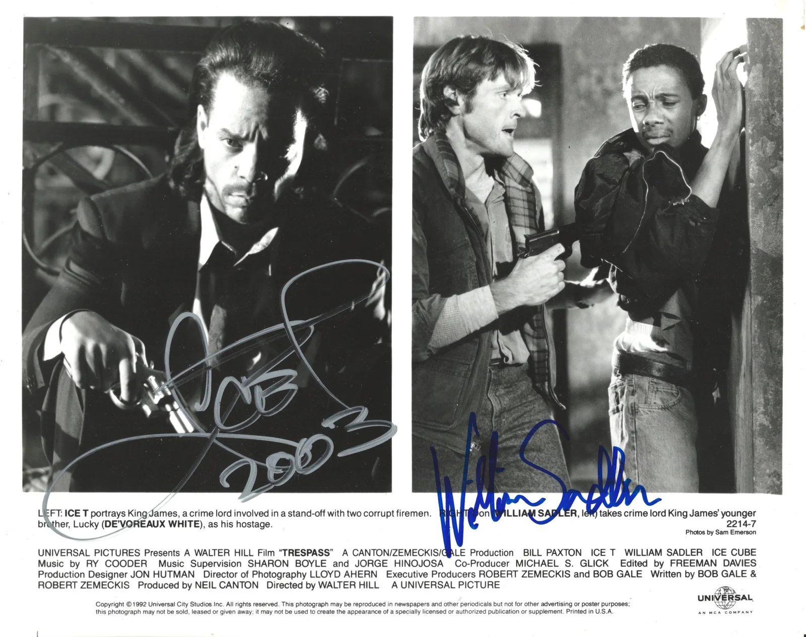 Ice T & William Sadler — Ice T & William Sadler signed Trepass 8X10 Original Still Photo in person