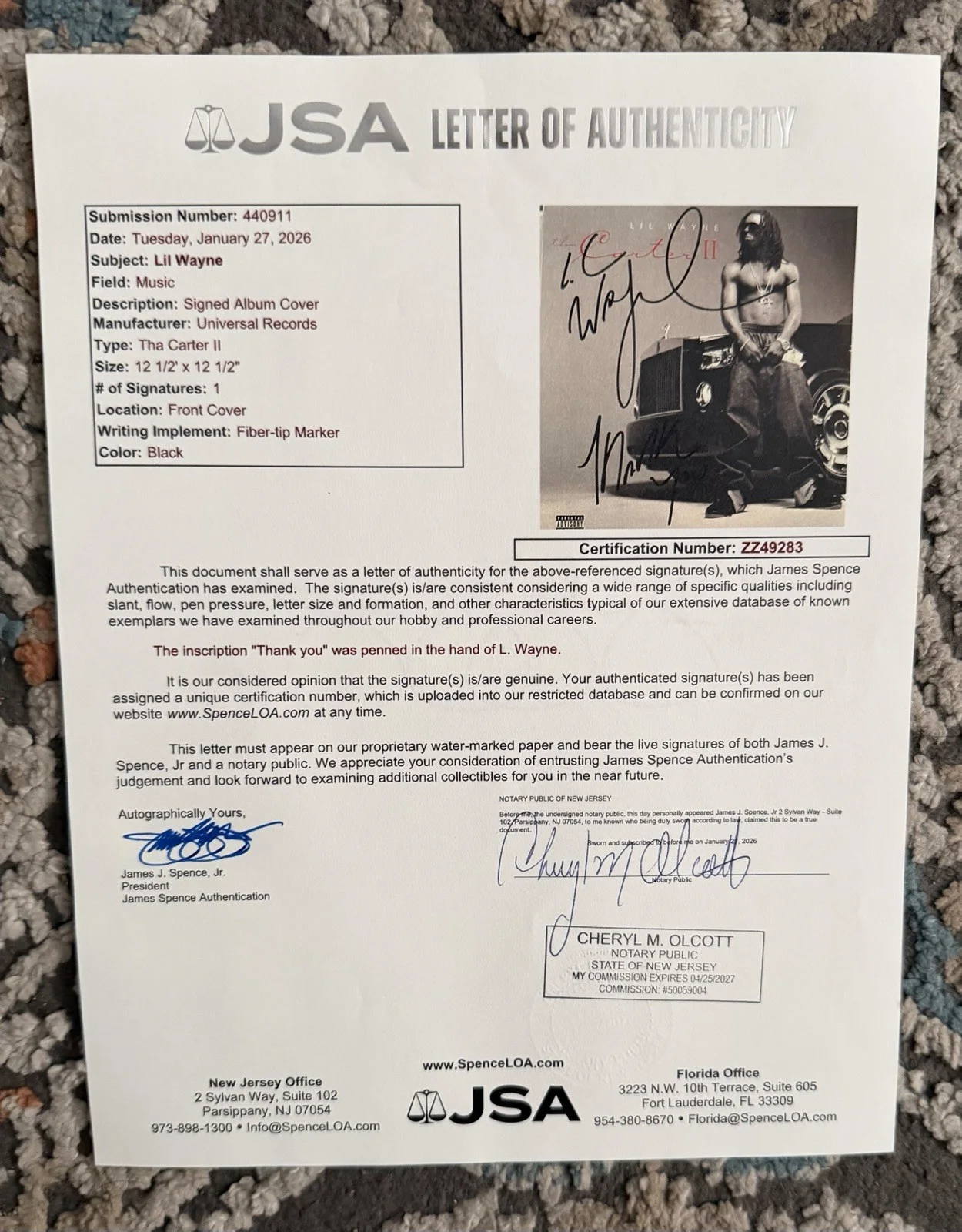 Lil Wayne Autograph Carter 2 Vinyl Album JSA Letter Signed, image 2