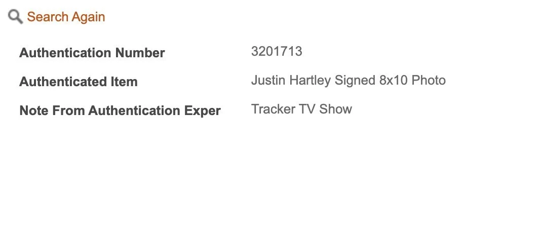 JUSTIN HARTLEY Hand Signed 8X10 TRACKER Autograph w/COA (TSA), image 3