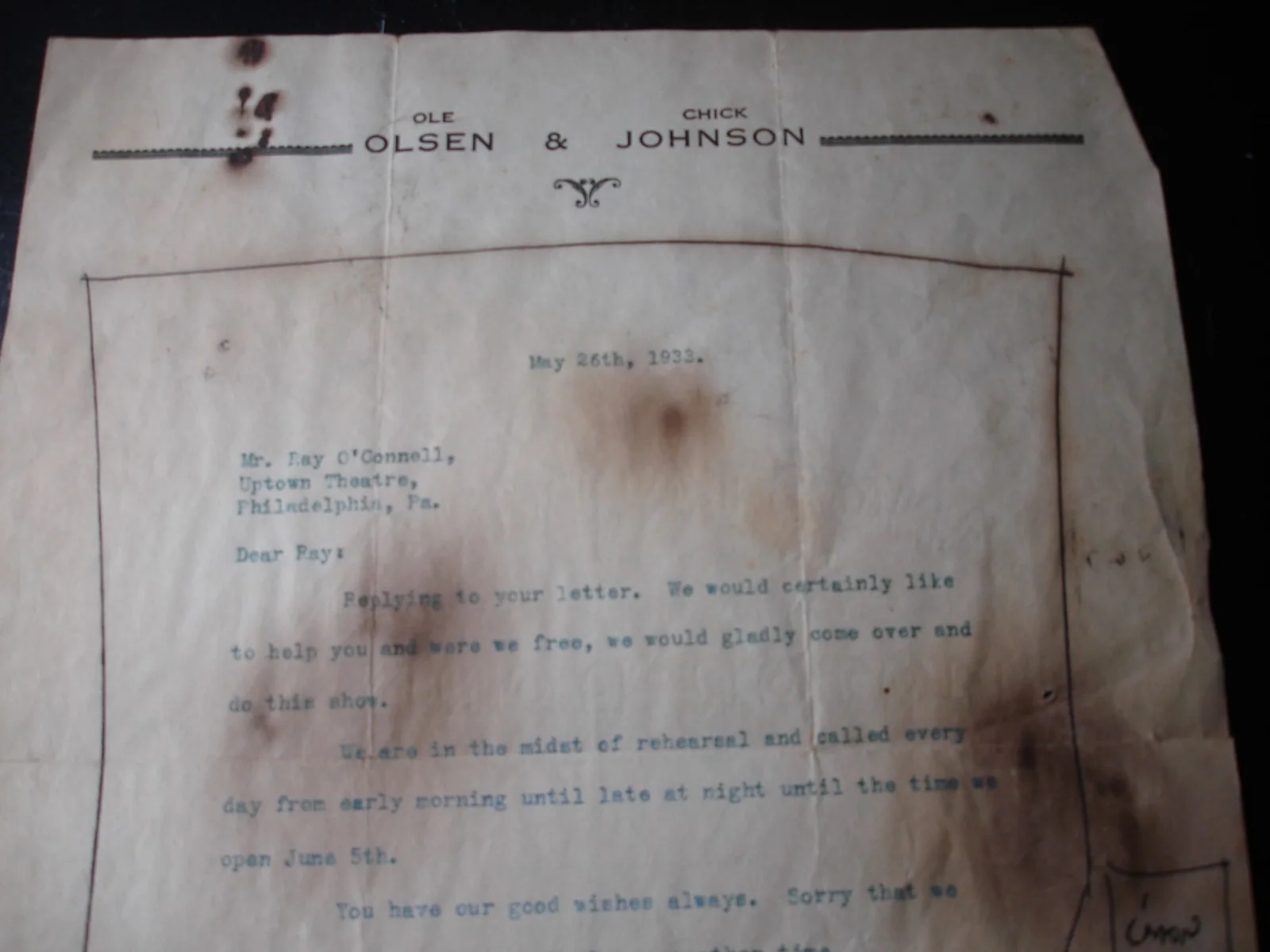 SIGNED OLE OLSEN & CHICK JOHNSON NOTE VAUDEVILLE, image 3