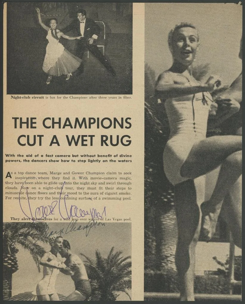 Marge & Gower Champion — MARGE & GOWER CHAMPION dual-signed 8x10 clipping | Dancer/actors - autographs
