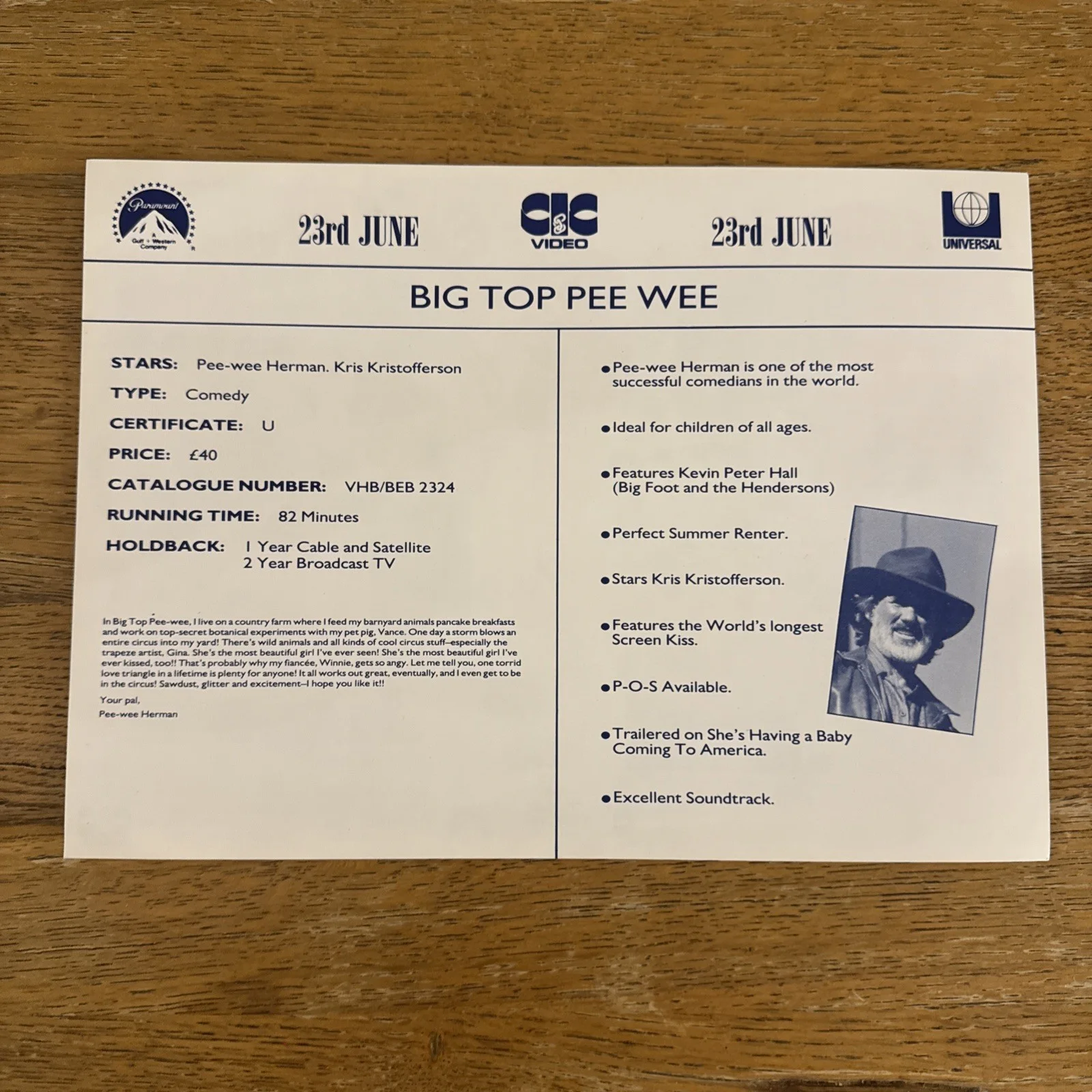 Big too Peewee 1988 very rare video shop promo sample sleeve, изображение 2