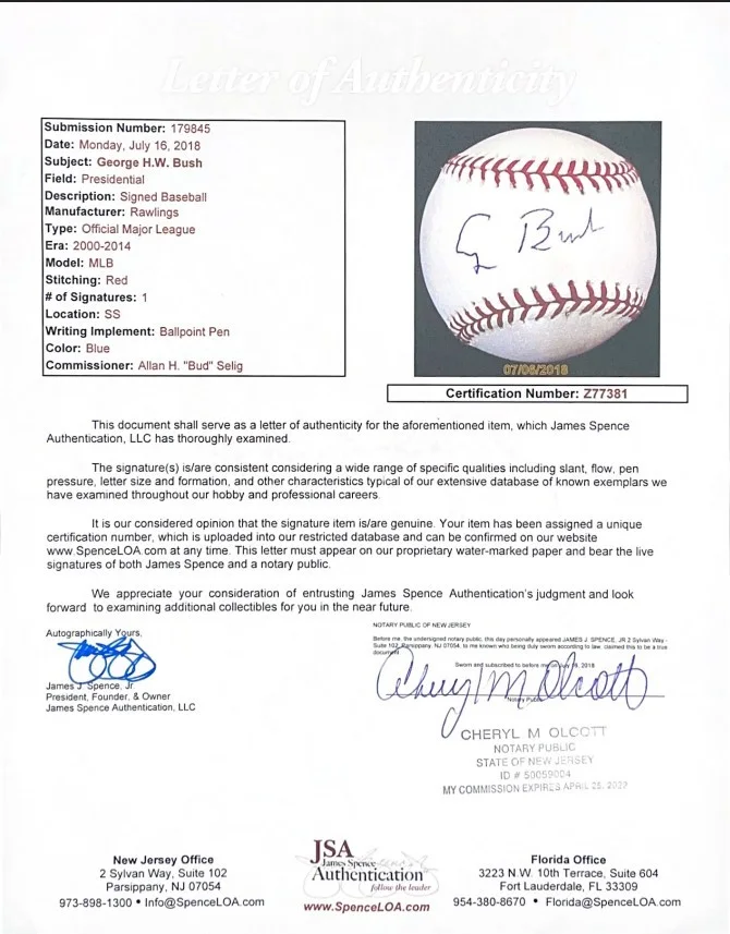 George W. Bush Former President Single Signed/Auto OAL/Selig Baseball JSA 205886, изображение 5