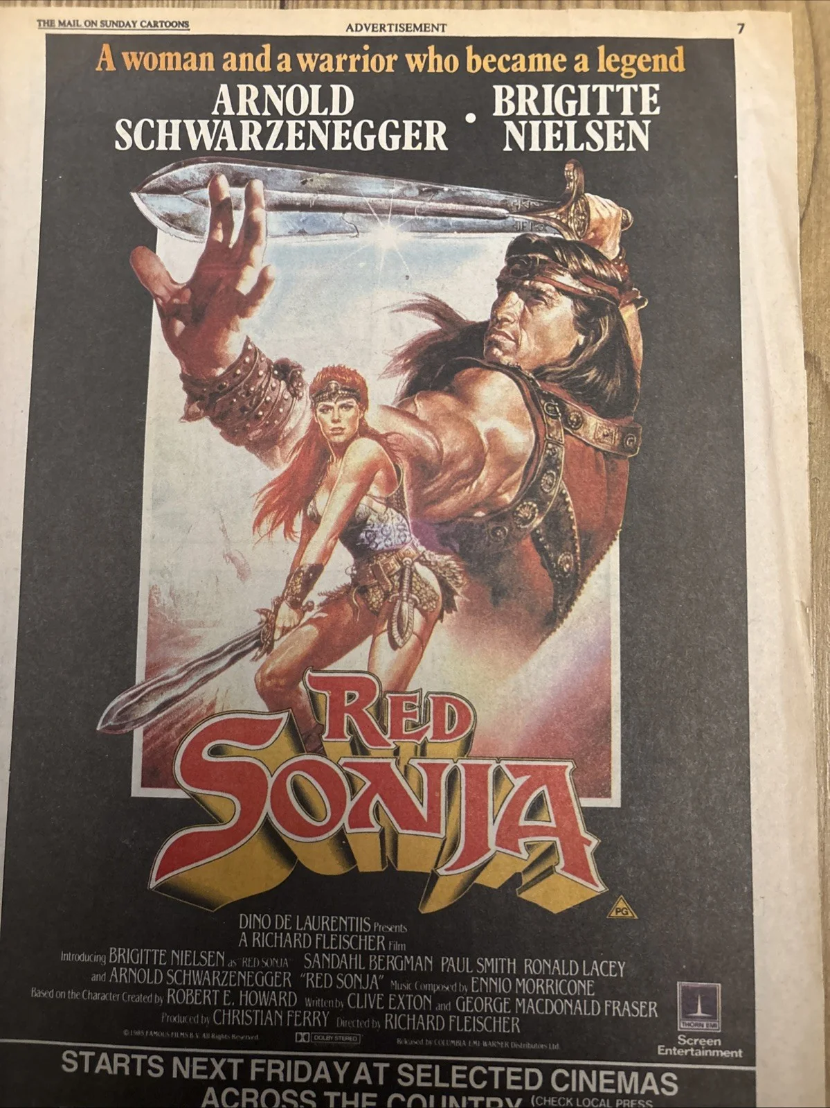 Vintage Red Sonja Movie Promo Cinema Film Poster The Mail Newspaper Arnie, изображение 3