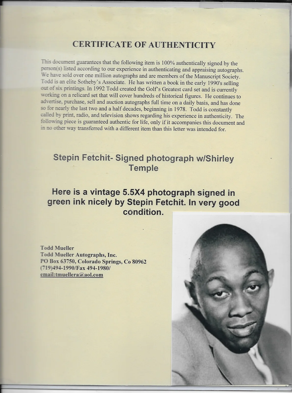 Stepin Fetchit — STEPIN FETCHIT - PICTURE POST CARD HAND SIGNED, image 2