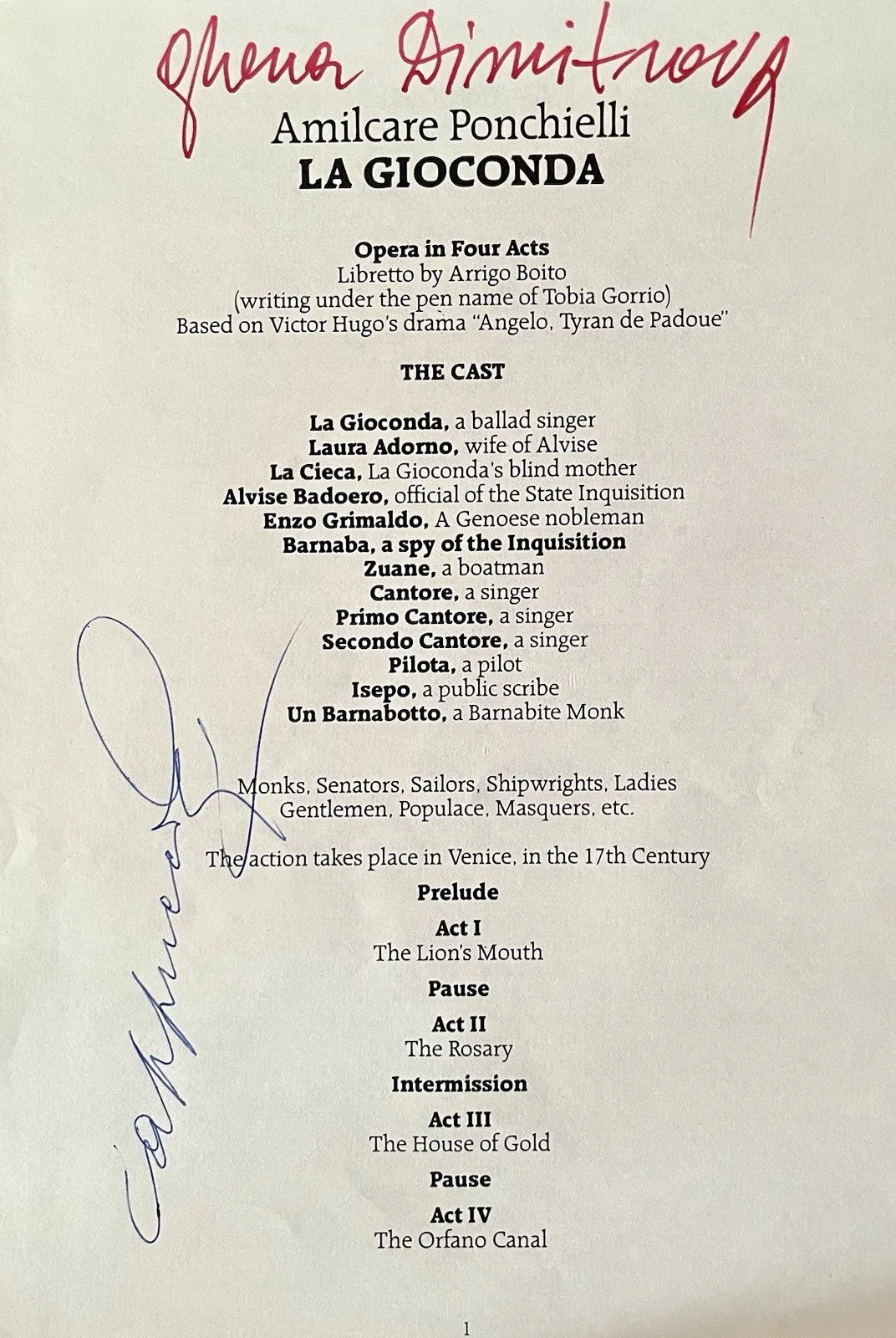 Ghena Dimitrova Piero Cappuccilli Dual Autographed Libretto Page 7”x10.5”, image 2
