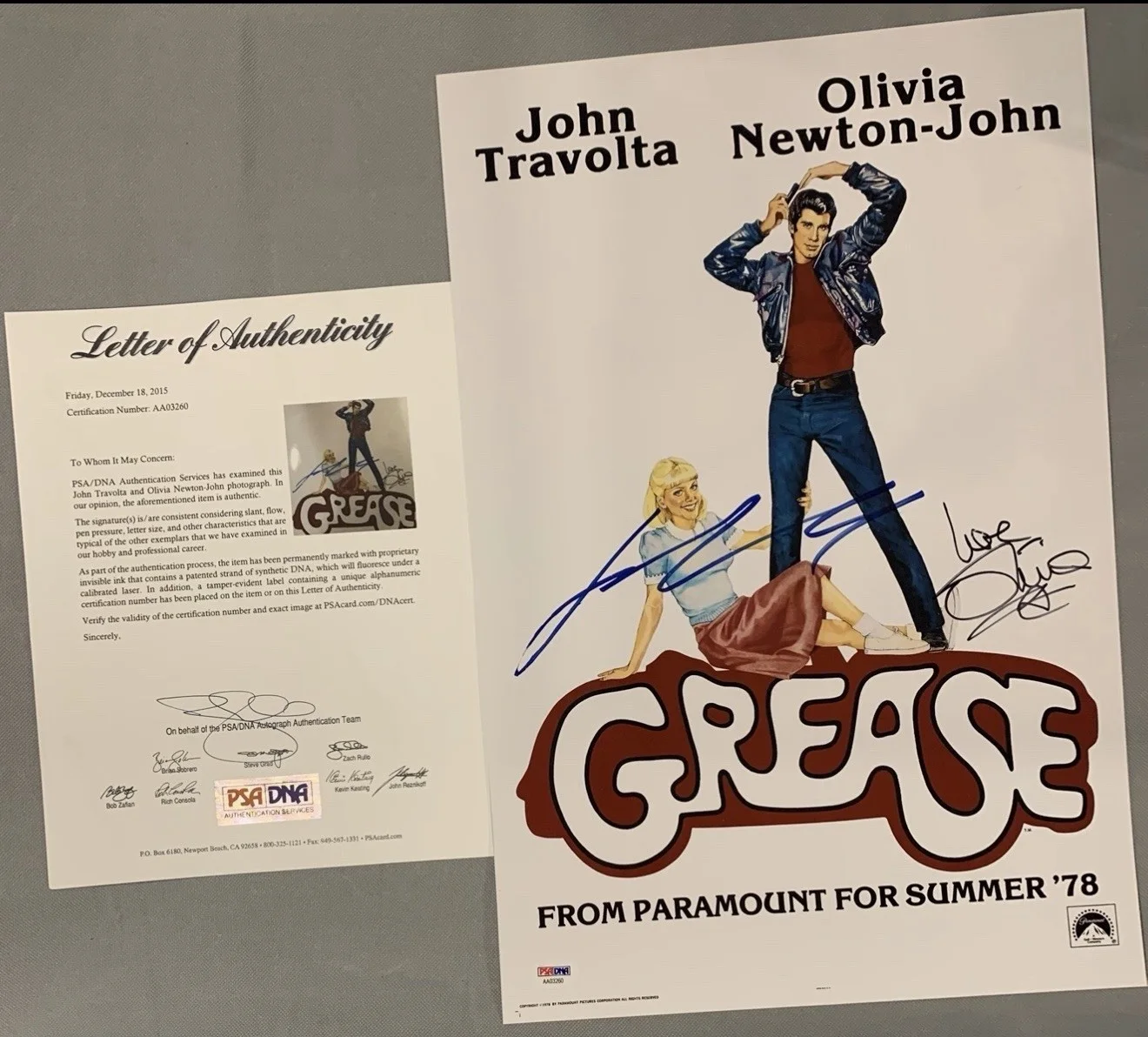 Olivia Newton John and John Travolta — Autographed Olivia Newton John and John Travolta Autographed 18x12 Photo PSADNA