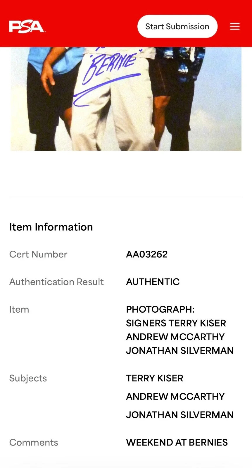 Terry Kiser, Andrew McCarthy, Jonathan Silverman — Weekend at Bernie’s Autographed movie photo Kiser,McCarthy,Silverman PSA/DNA, image 3