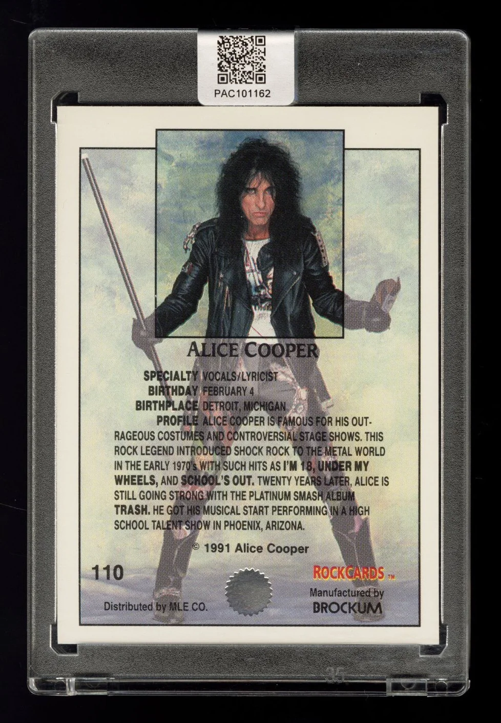 1991 Rock Cards by Brockum 110 Alice Cooper Auto Pristine COA Double Sealed, image 2