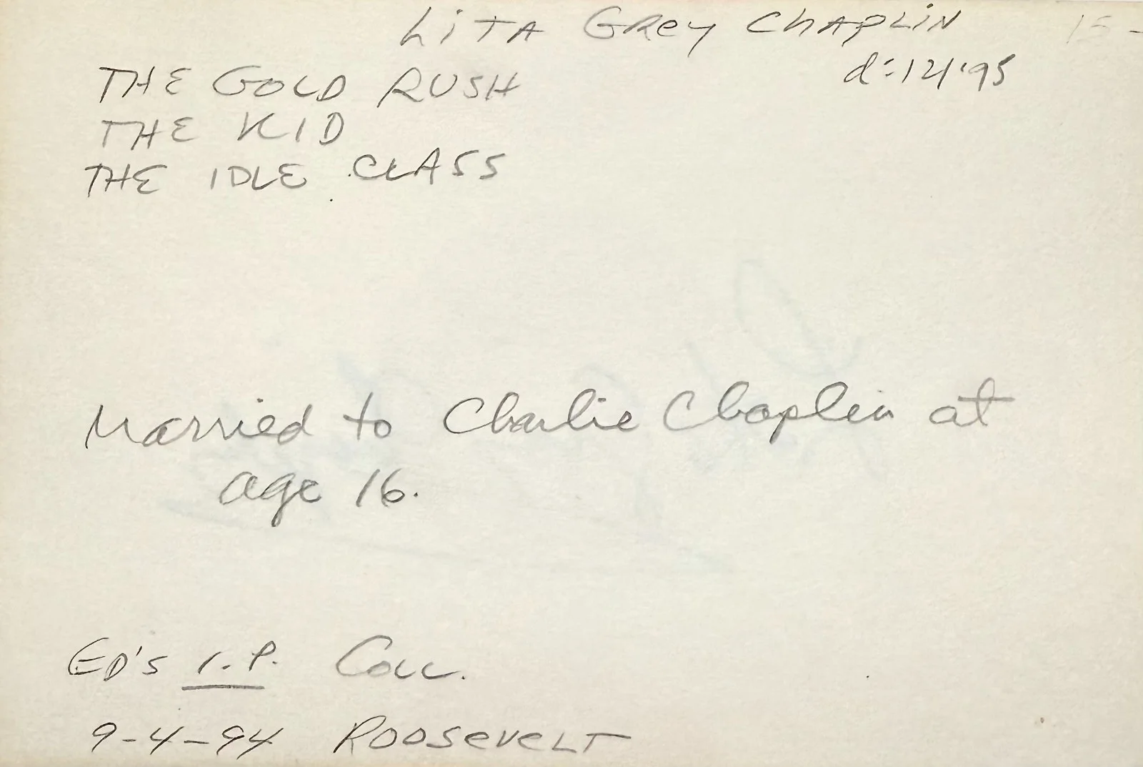 Lita Grey Chaplin — LITA GREY CHAPLIN Signed Autograph 4x6 INDEX CARD Charlie Chaplin THE GOLD RUSH, image 2
