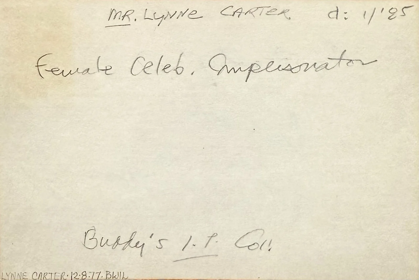 Lynne Cartier, Lynne Carter — LYNNE CARTER Signed Autograph 4x6 INDEX CARD Female Impersonator DRAG PERFORMER, image 2