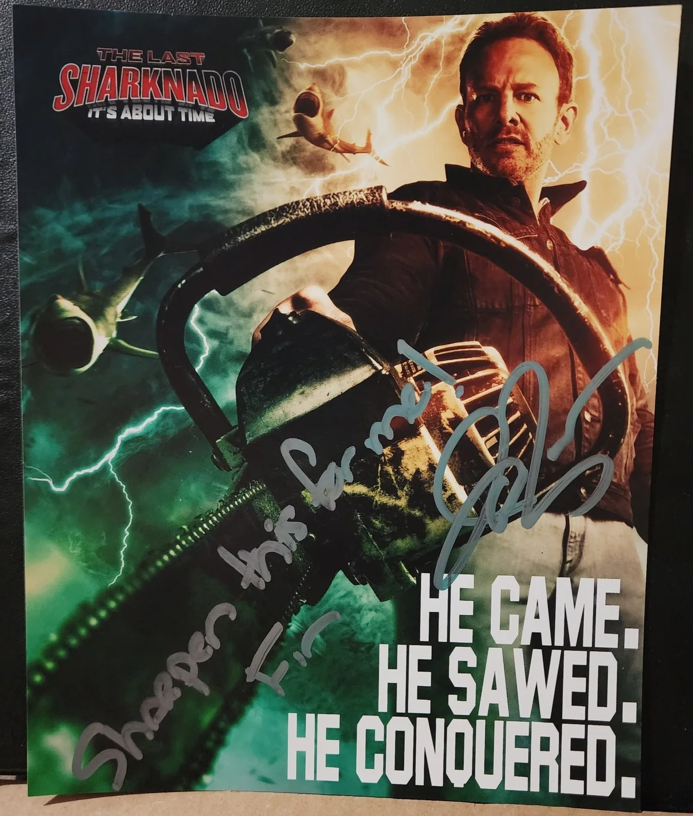 Ian Ziering — Ian Ziering Signed Fin Last Sharknado "Sharpen This For Me!" 8x10 Photo PSA DNA