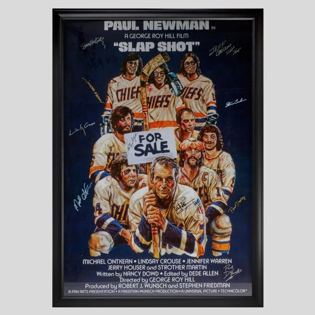 Paul Newman, Lindsay Crouse, Jennifer Warren — Paul Newman Slap Shot Cast Signed Autographed Hockey Movie Poster Frame 34.25"h
