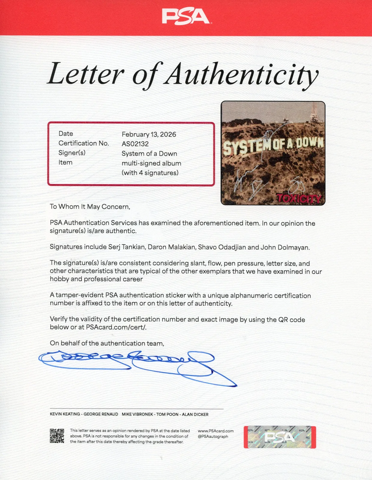 System of a Down Signed Autographed Vinyl LP “Toxicity” PSA/DNA Authenticated, image 3