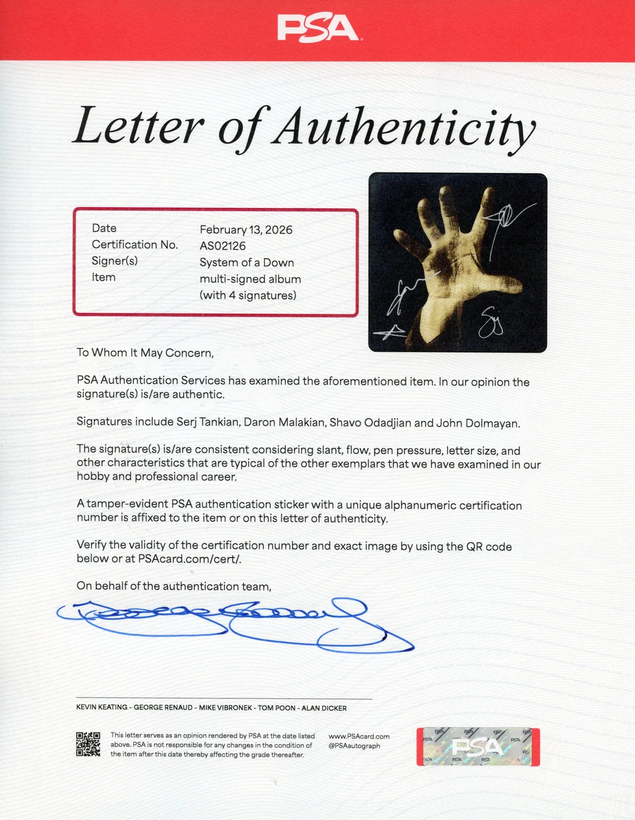 System of a Down Signed Autographed Vinyl LP “System of a Down” PSA/DNA Authenti, image 4