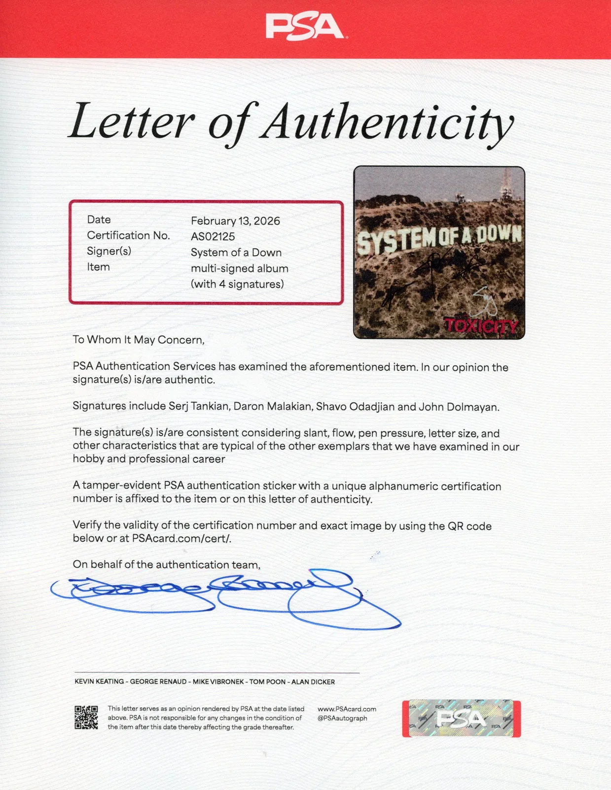 System of a Down Signed Autographed Vinyl LP “Toxicity” PSA/DNA Authenticated, image 4