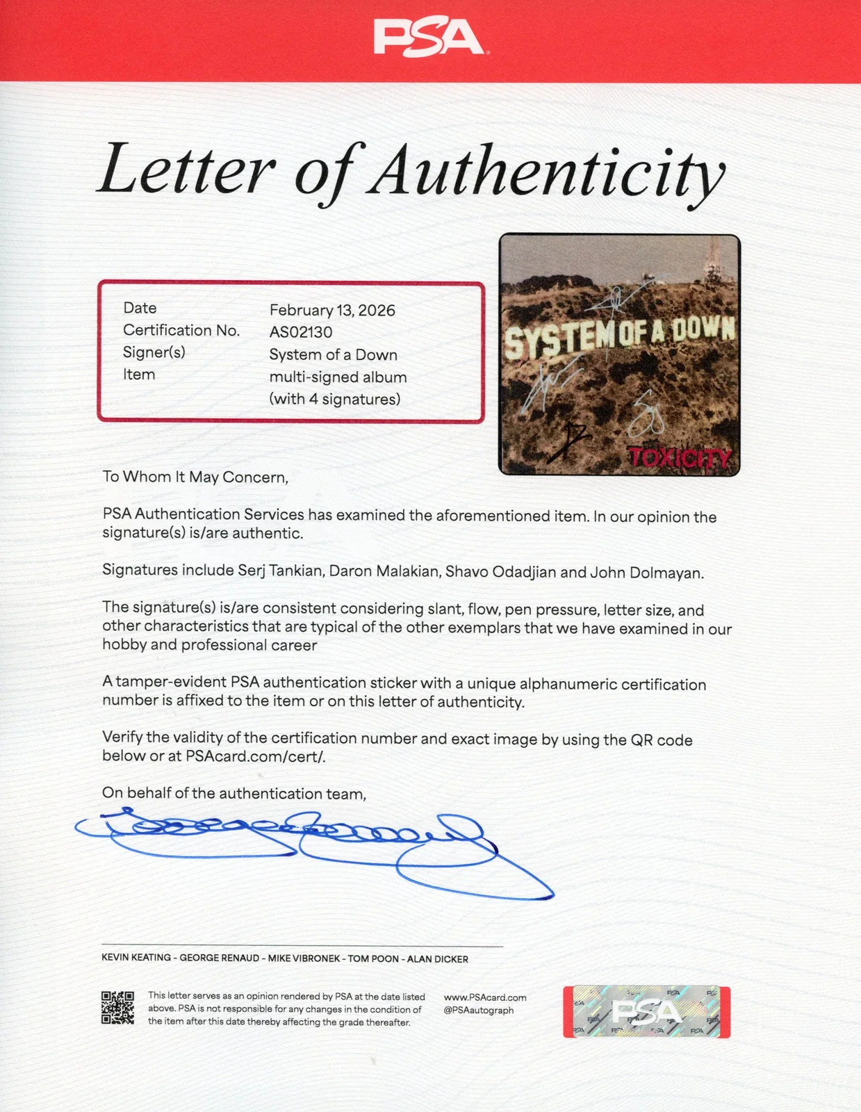 System of a Down Signed Autographed Vinyl LP “Toxicity” PSA/DNA Authenticated, image 3