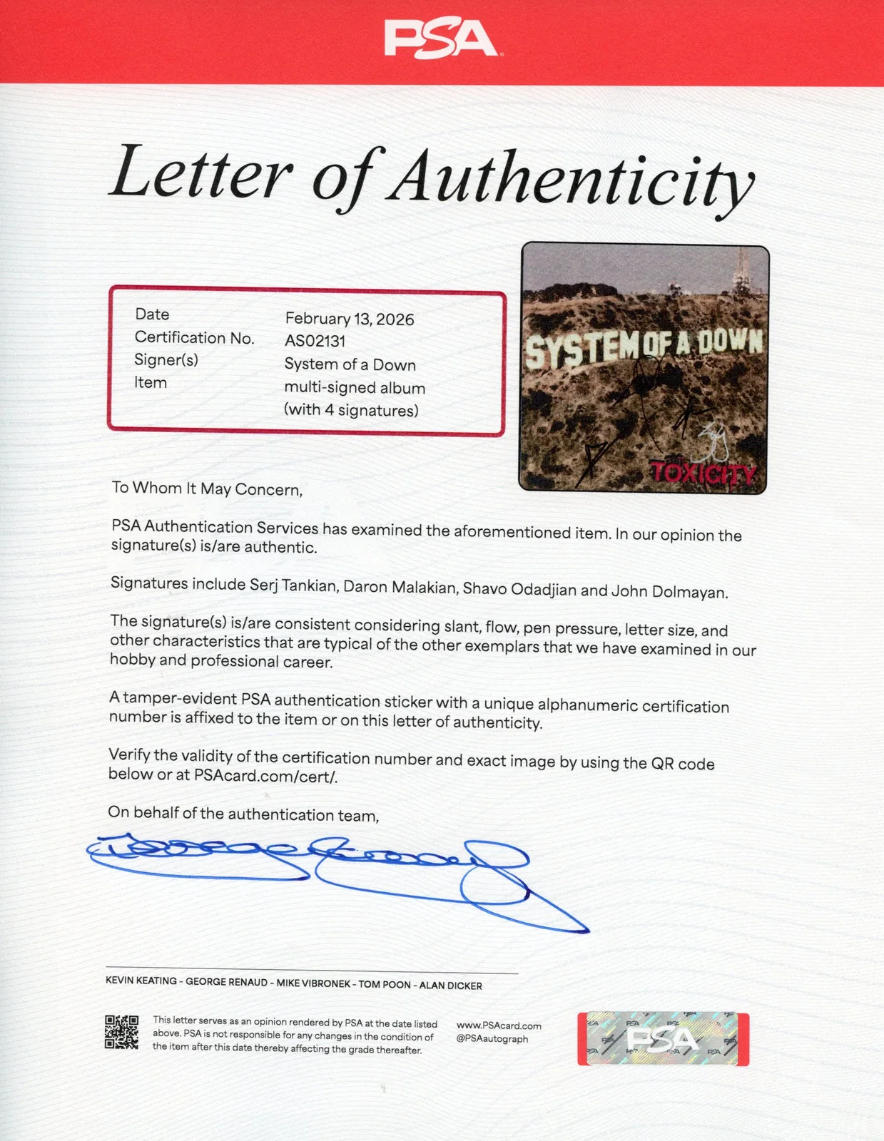 System of a Down Signed Autographed Vinyl LP “Toxicity” PSA/DNA Authenticated, image 3