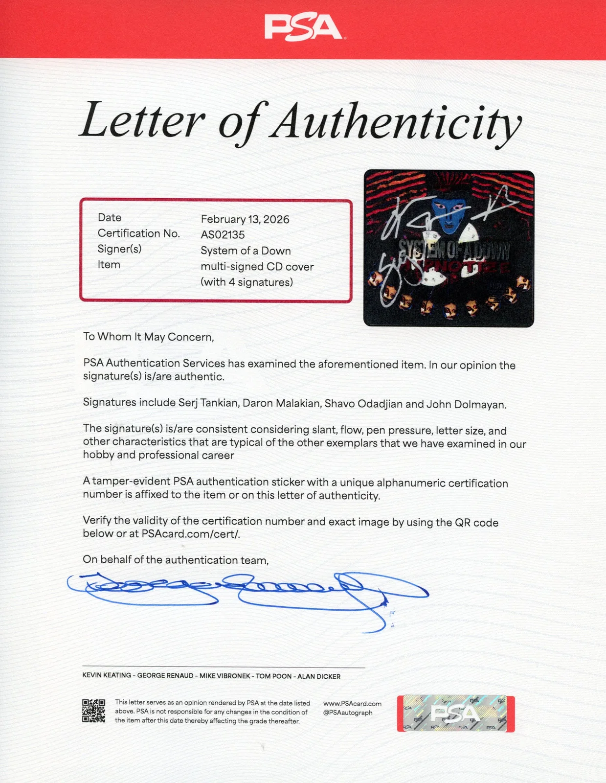 System of a Down Signed Autographed CD “Hypnotize” PSA/DNA Authenticated, image 3