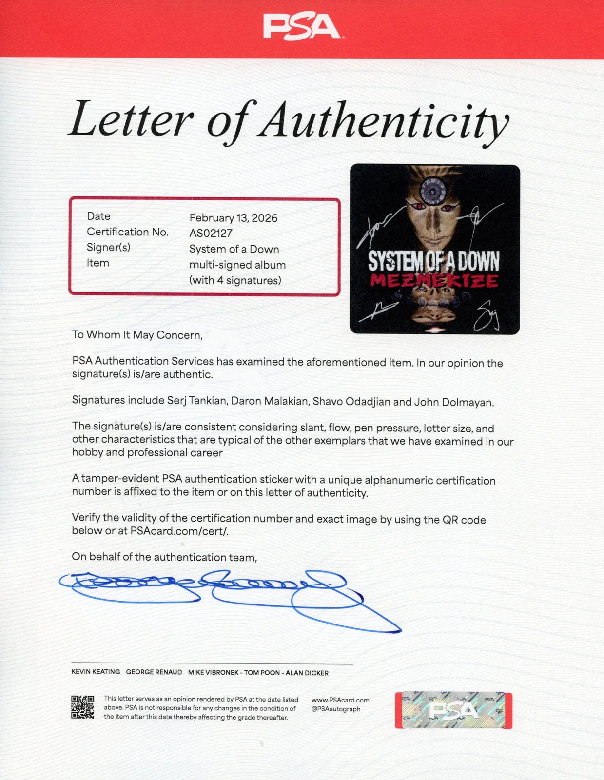 System of a Down Signed Autographed Vinyl LP “Mezmerize” PSA/DNA Authenticated, image 3