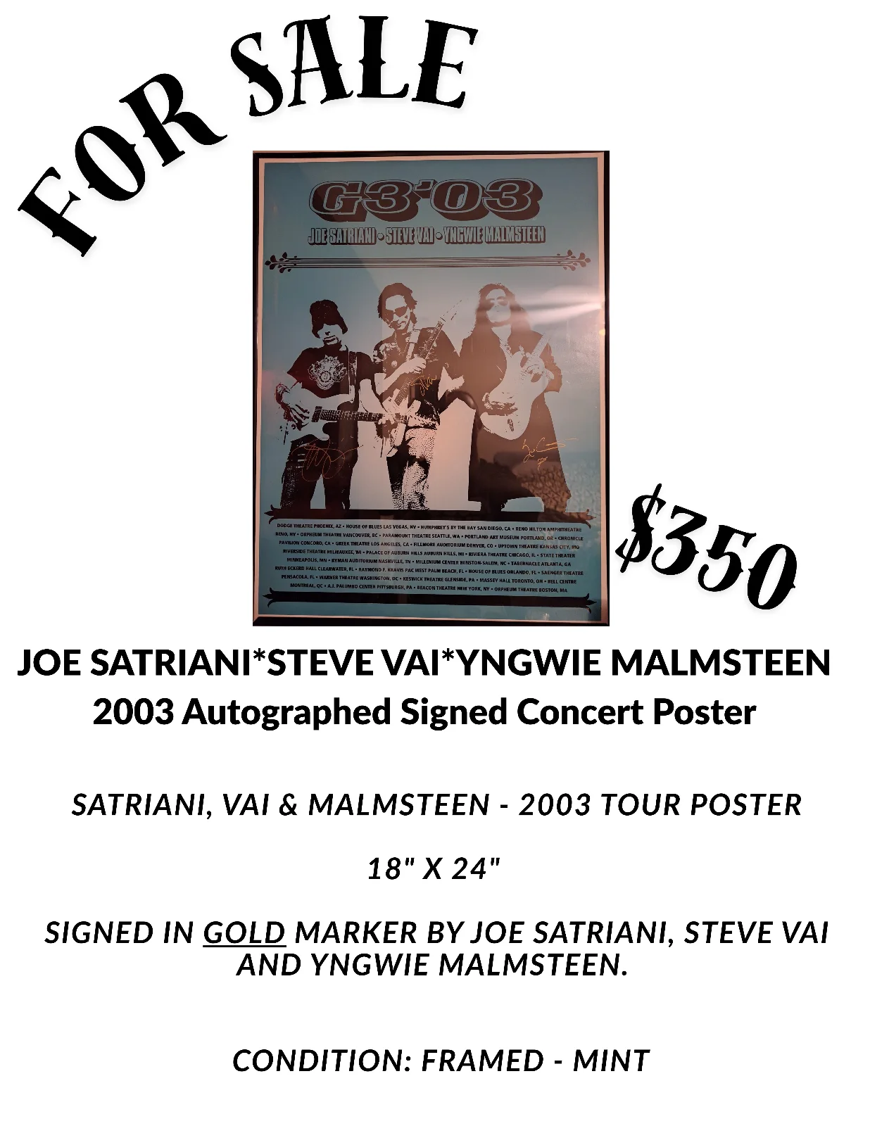 G3 -SATRIANI*VAI*MALMSTEEN 2003 RARE GOLD SIGNED Tour Concert Poster FREE SHIP'G, изображение 2