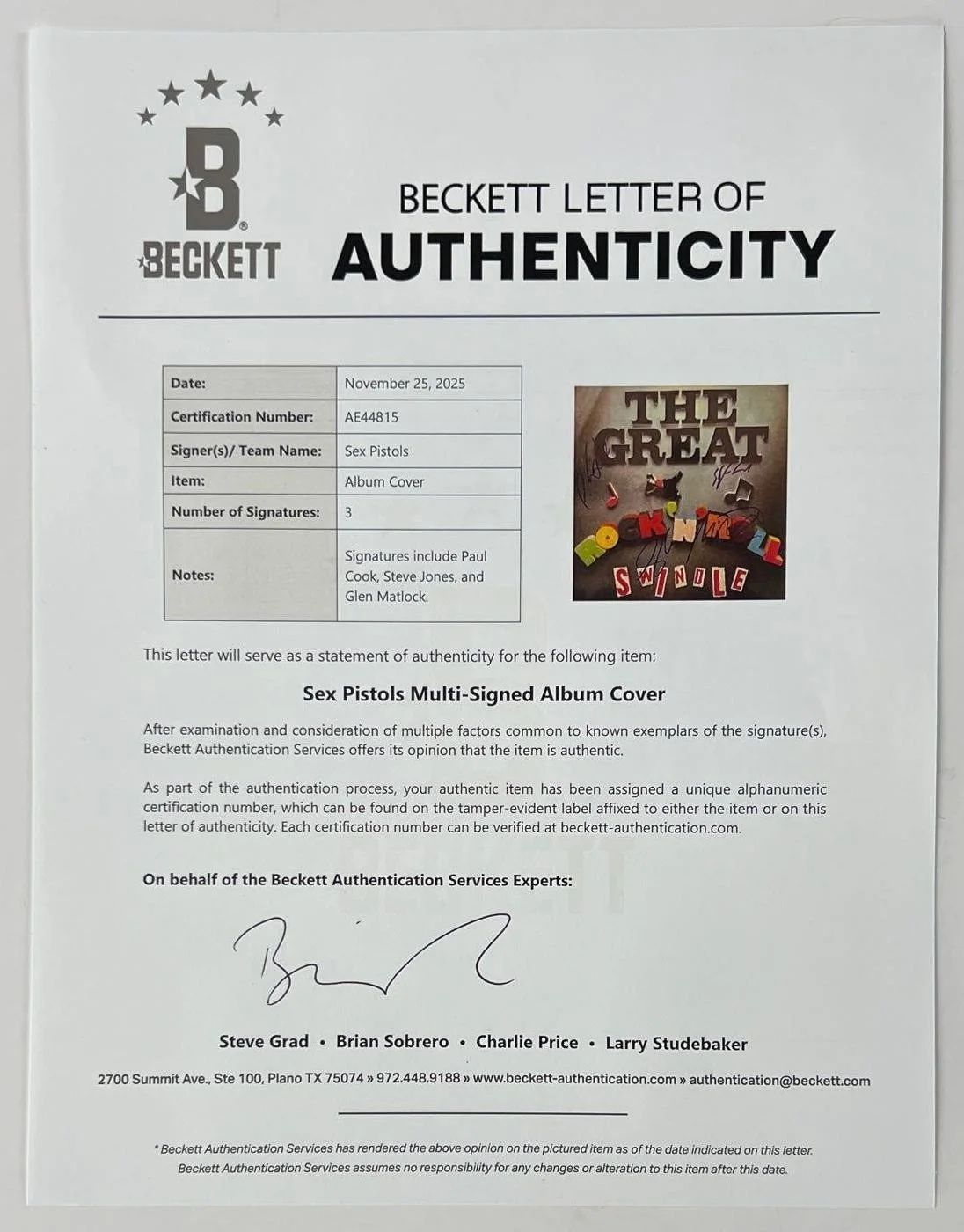 Sex Pistols Group Signed "The Great Rock N' Roll Swindle" Album (3 Sigs) (BAS), изображение 4