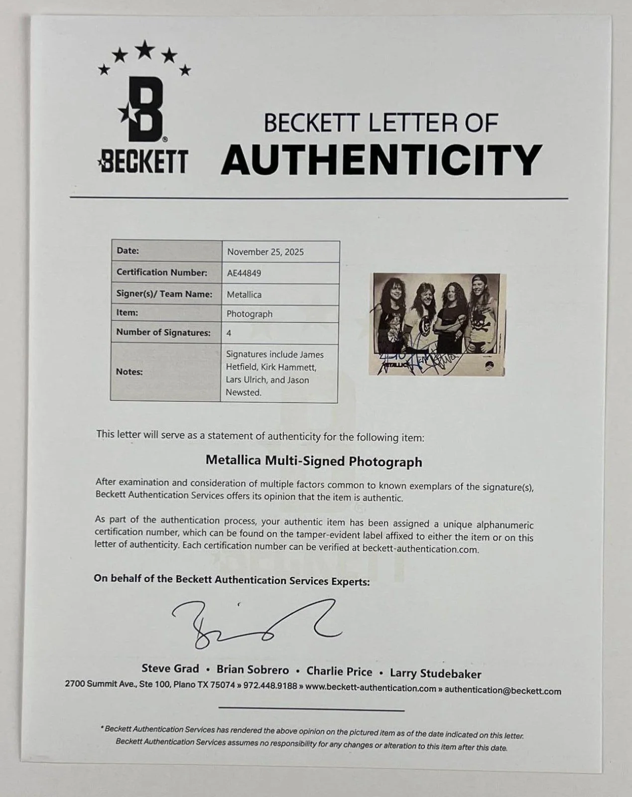 Metallica Fully Vintage Group Signed 8" x 10" Promo Photo (4 Sigs) (Beckett/BAS), изображение 5