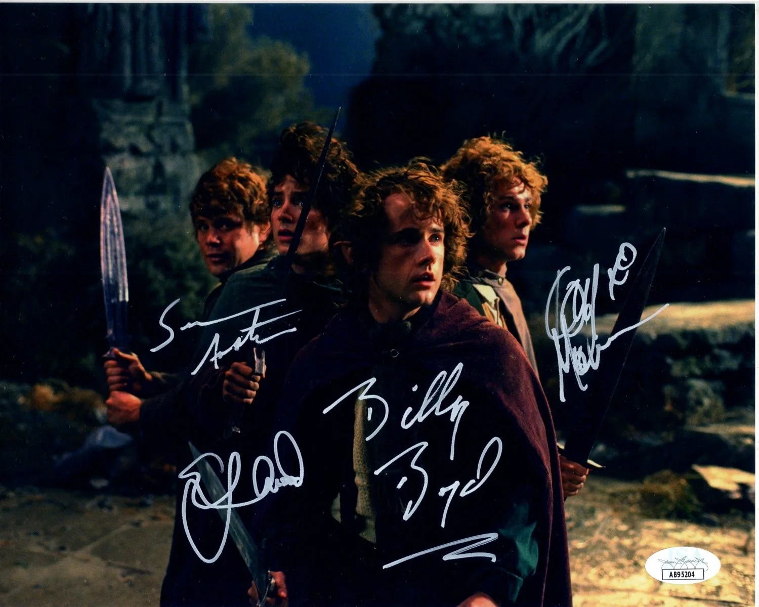Sean Astin Elijah Wood Dominic Monaghan Billy Boyd — Elijah Wood Sean Astin Dominic Monaghan Billy Boyd signed 8x10 LOTR photo JSA